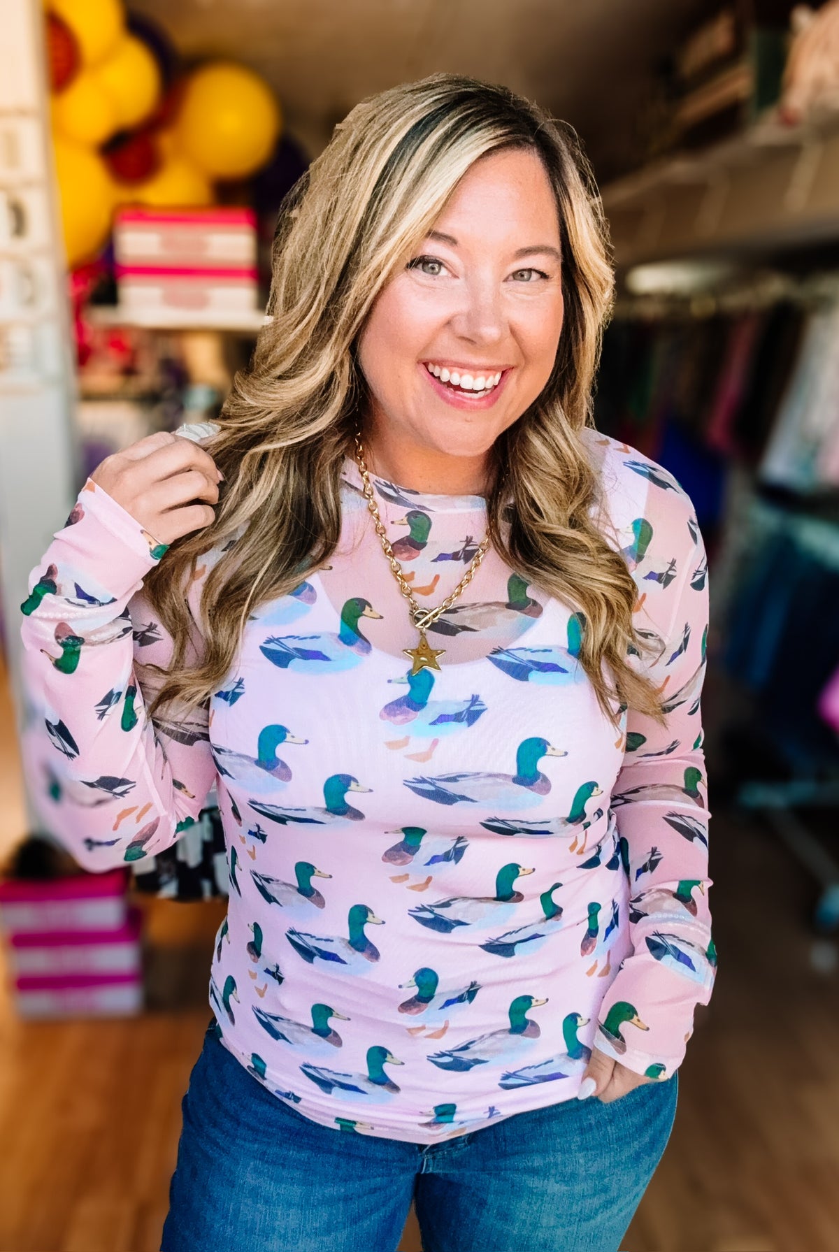 Lucky Duck Mesh Top-Tops-Dear Me Southern Boutique, located in DeRidder, Louisiana