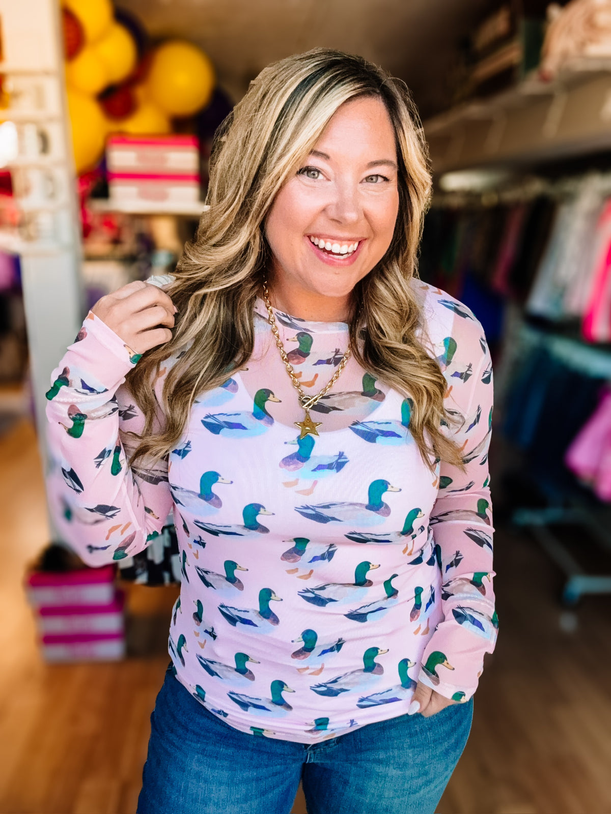 Lucky Duck Mesh Top-Tops-Dear Me Southern Boutique, located in DeRidder, Louisiana