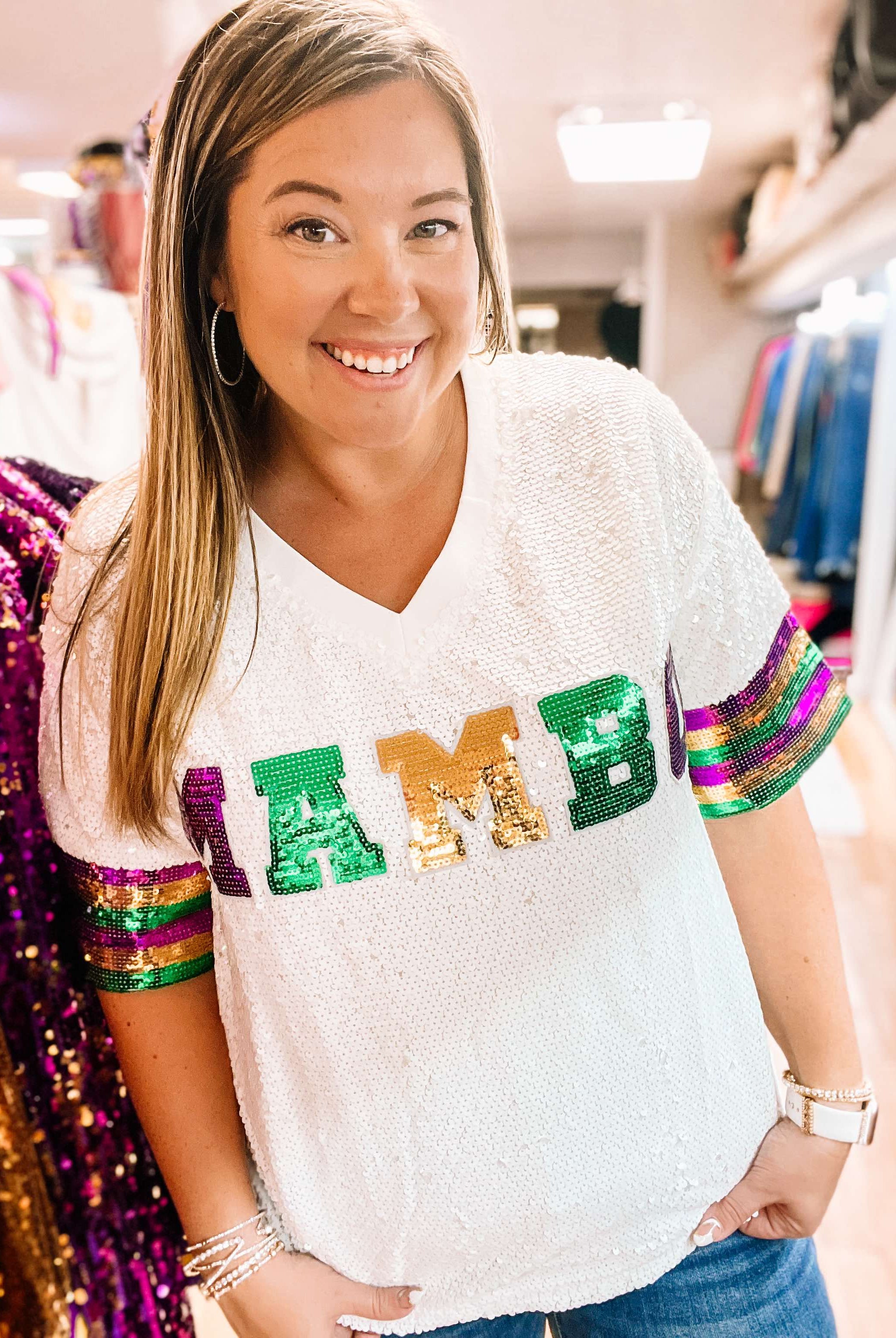 MAMBO Mardi Gras Sequin Top-Blouses-Dear Me Southern Boutique, located in DeRidder, Louisiana