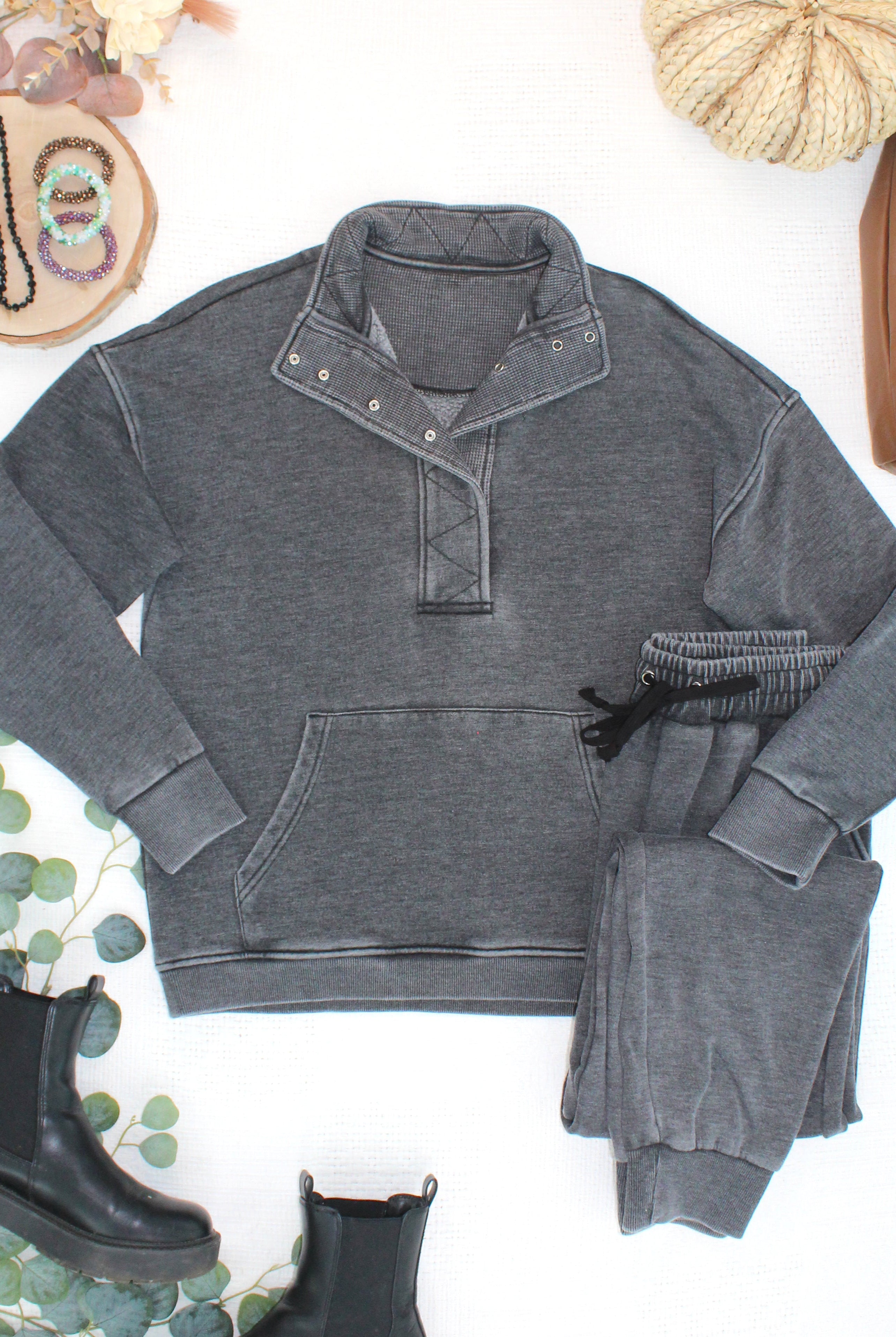 MARKET EXCLUSIVE Jesse Vintage Wash Snap Pullover - Black-Pullover-Dear Me Southern Boutique, located in DeRidder, Louisiana