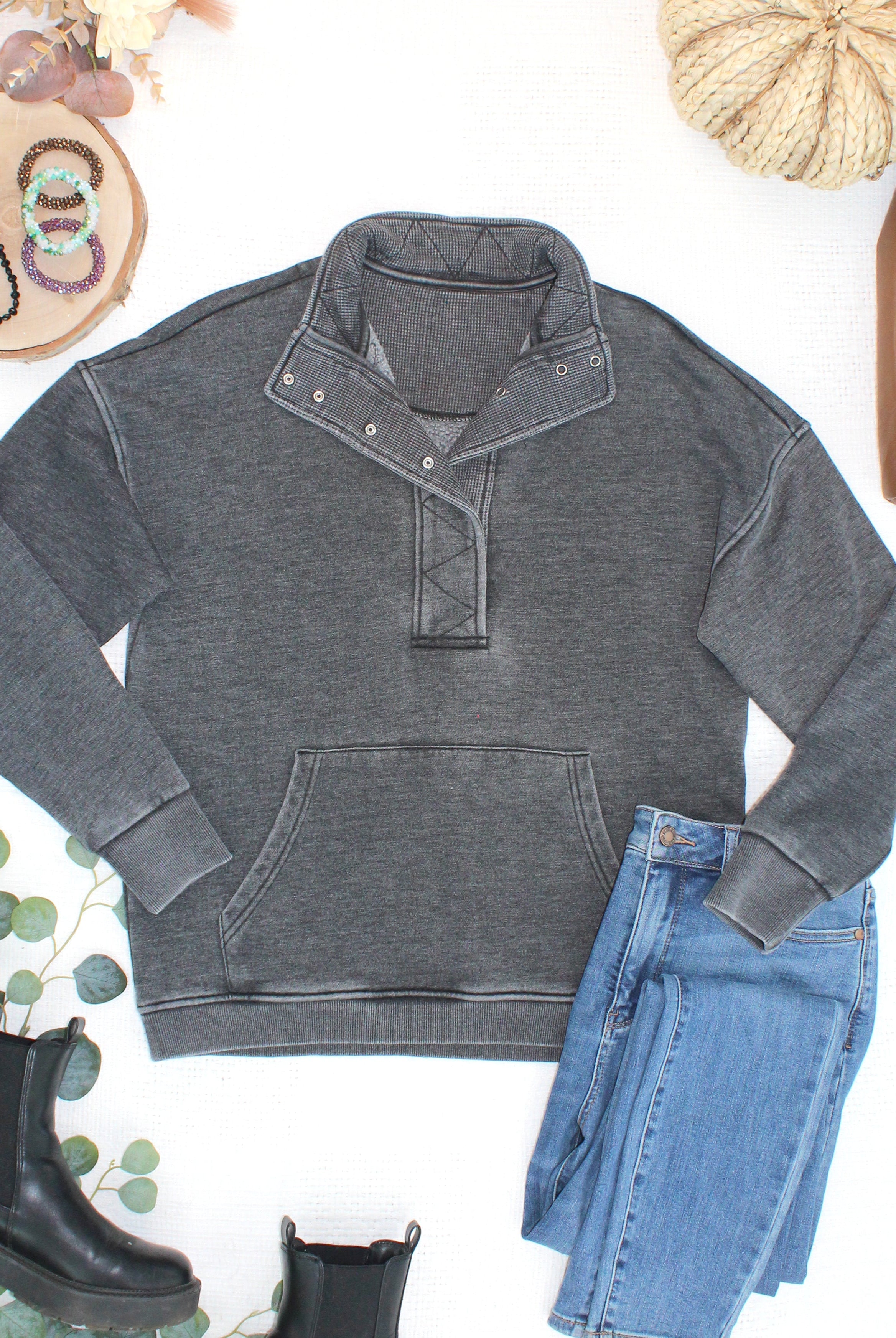 MARKET EXCLUSIVE Jesse Vintage Wash Snap Pullover - Black-Pullover-Dear Me Southern Boutique, located in DeRidder, Louisiana