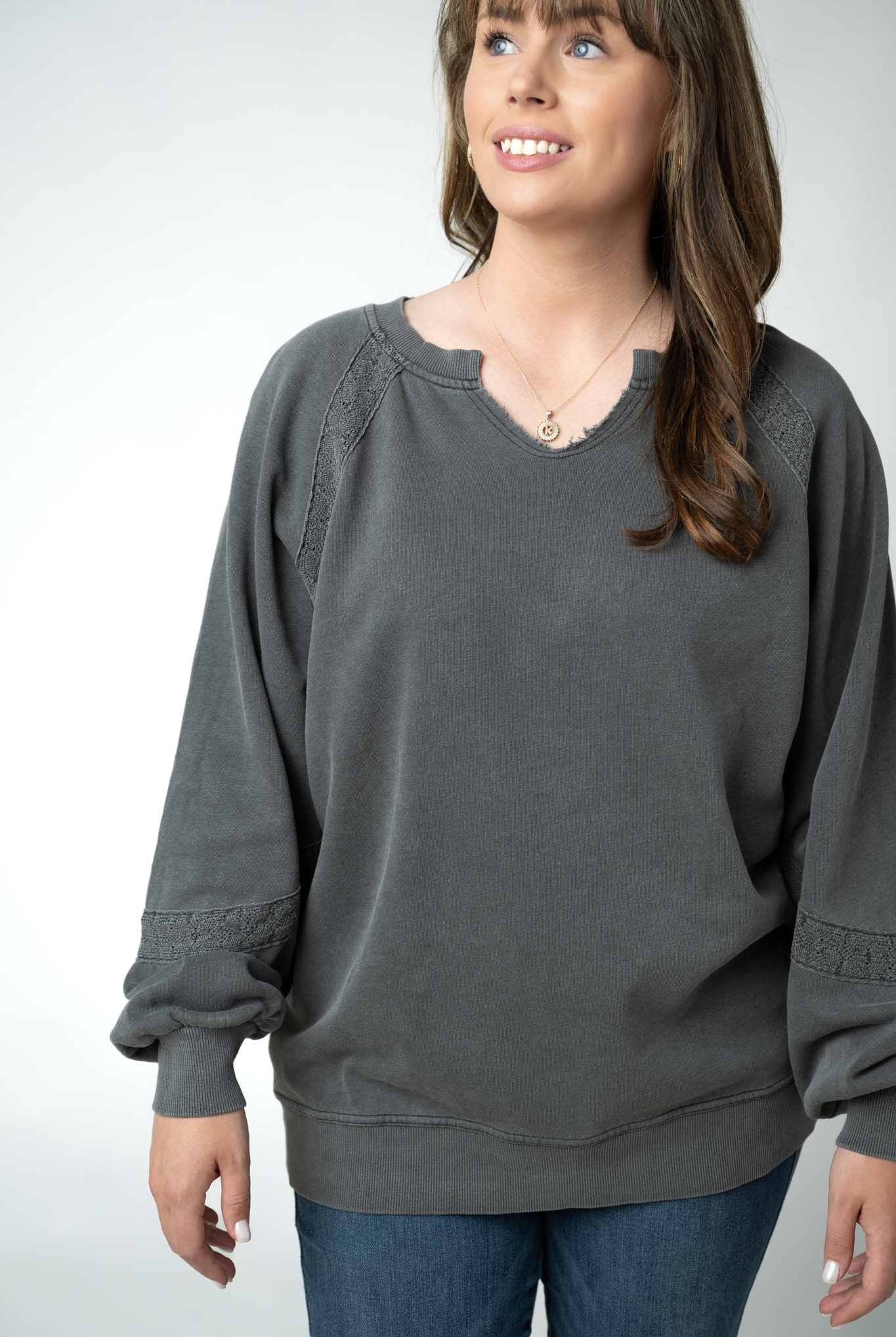 MARKET EXCLUSIVE Lace Accent Vintage Wash Pullover - Black-pullover-Dear Me Southern Boutique, located in DeRidder, Louisiana