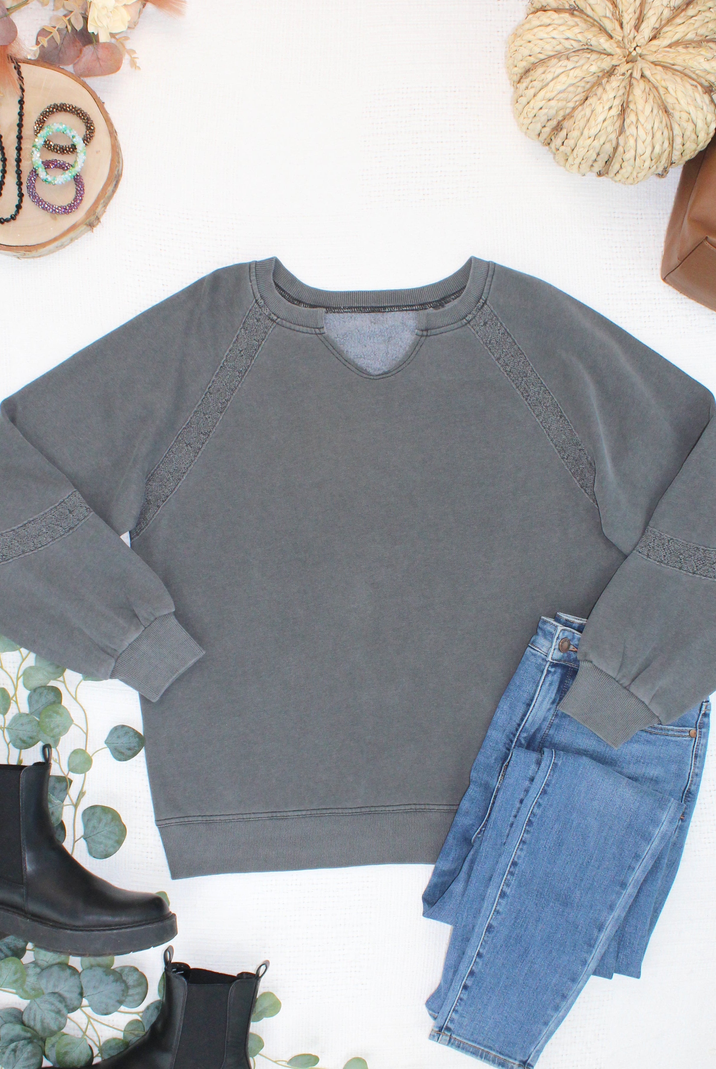 MARKET EXCLUSIVE Lace Accent Vintage Wash Pullover - Black-pullover-Dear Me Southern Boutique, located in DeRidder, Louisiana