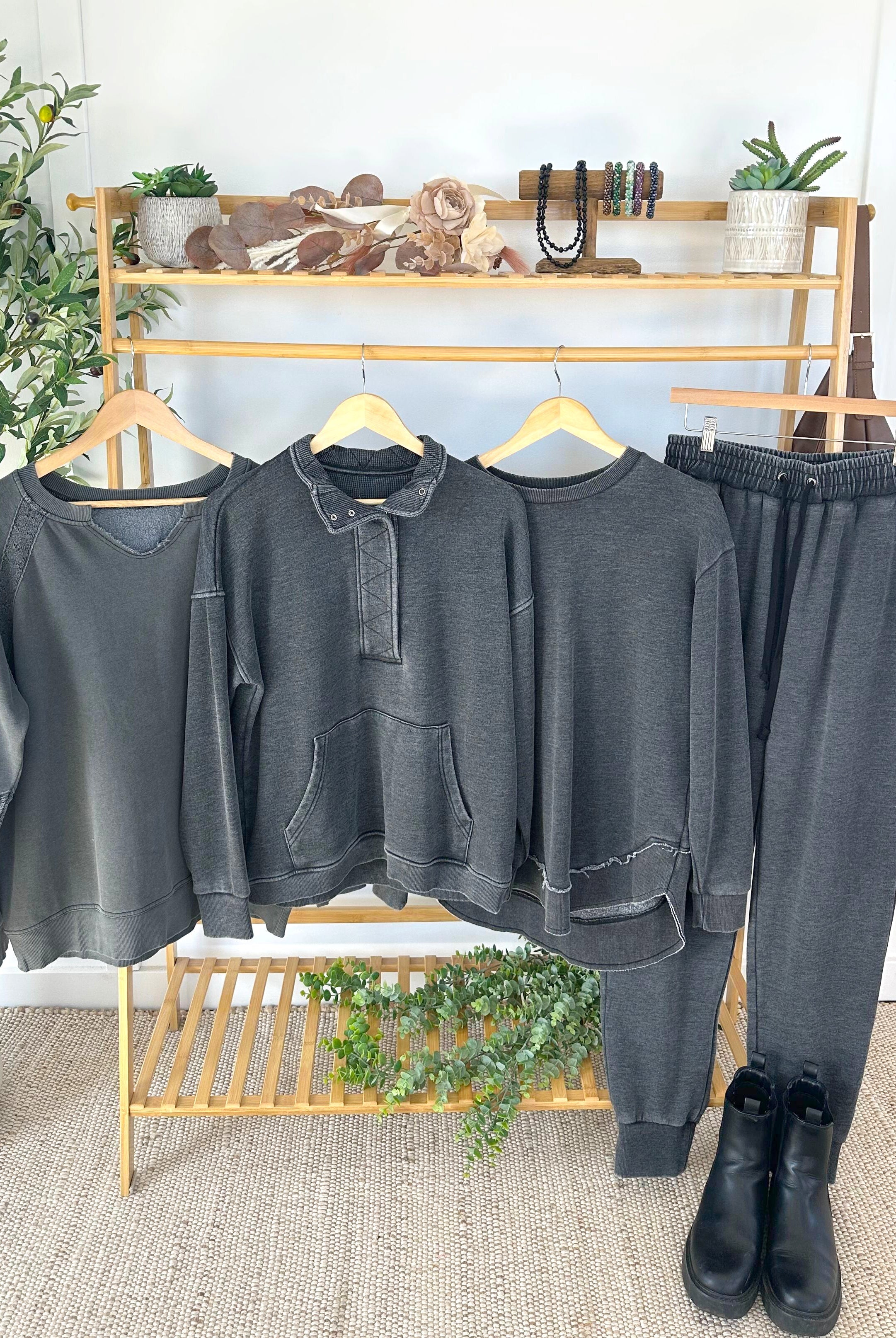 MARKET EXCLUSIVE Lace Accent Vintage Wash Pullover - Black-pullover-Dear Me Southern Boutique, located in DeRidder, Louisiana