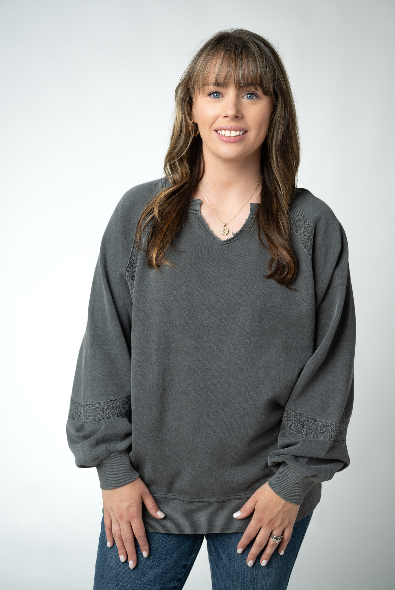 MARKET EXCLUSIVE Lace Accent Vintage Wash Pullover - Black-pullover-Dear Me Southern Boutique, located in DeRidder, Louisiana