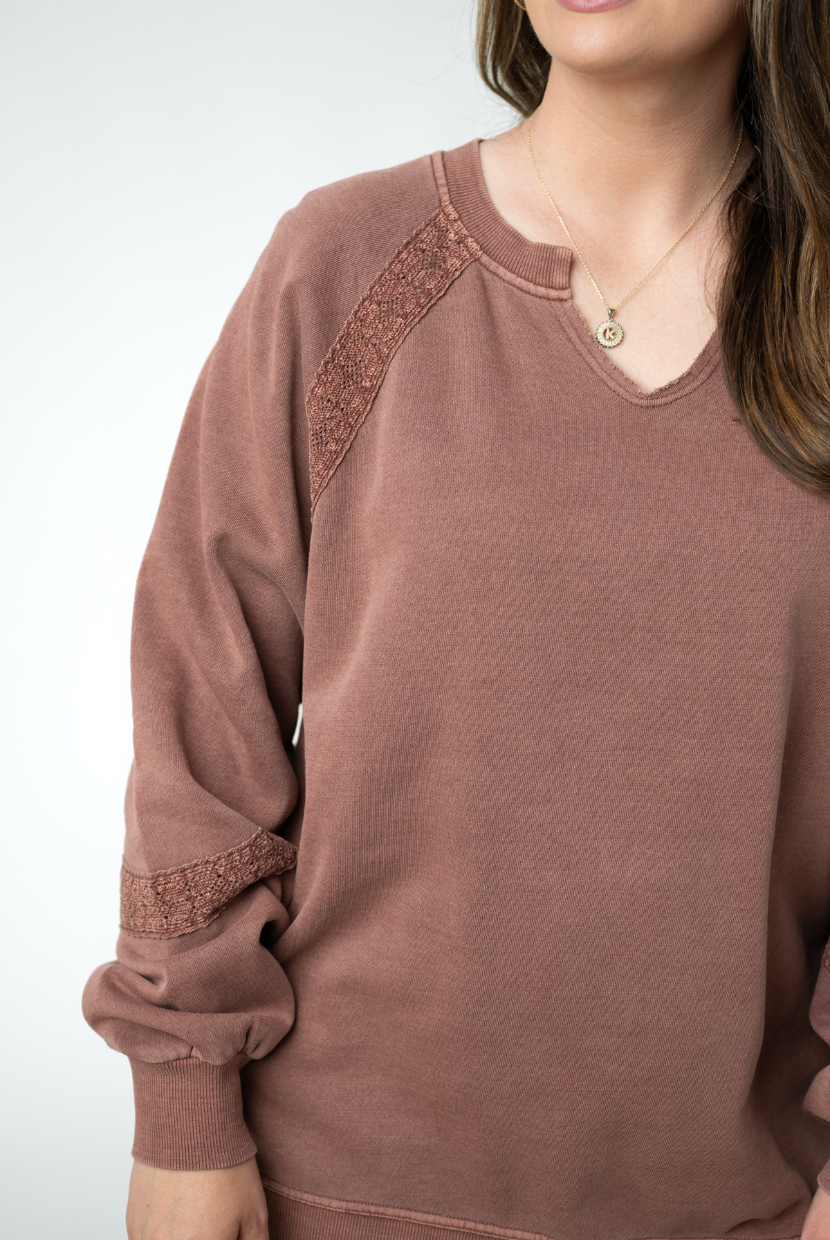 MARKET EXCLUSIVE Lace Accent Vintage Wash Pullover - Brown-Presales-Dear Me Southern Boutique, located in DeRidder, Louisiana