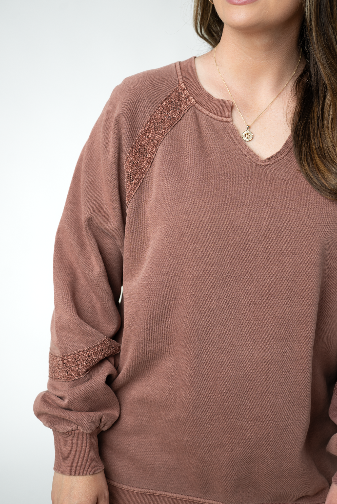 MARKET EXCLUSIVE Lace Accent Vintage Wash Pullover - Brown-pullover-Dear Me Southern Boutique, located in DeRidder, Louisiana