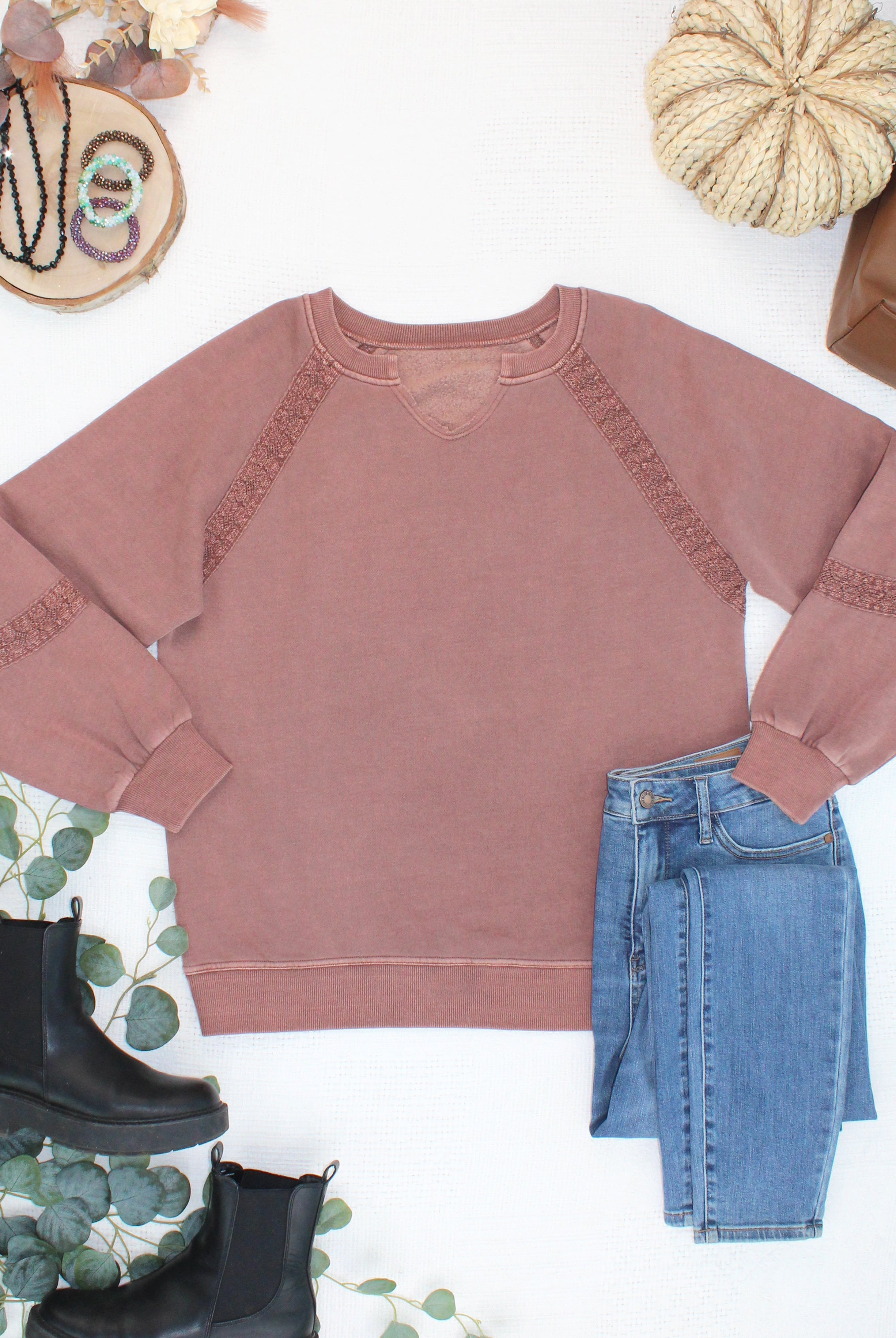 MARKET EXCLUSIVE Lace Accent Vintage Wash Pullover - Brown-pullover-Dear Me Southern Boutique, located in DeRidder, Louisiana