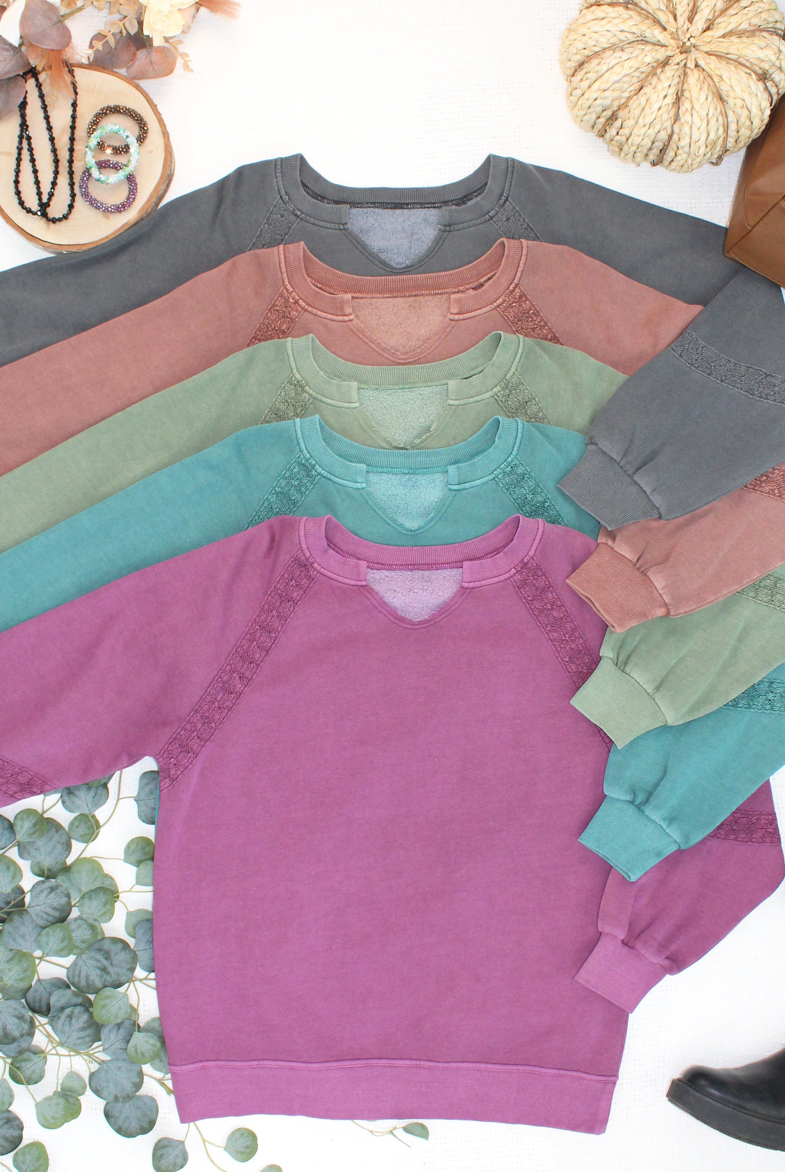 MARKET EXCLUSIVE Lace Accent Vintage Wash Pullover - Brown-pullover-Dear Me Southern Boutique, located in DeRidder, Louisiana