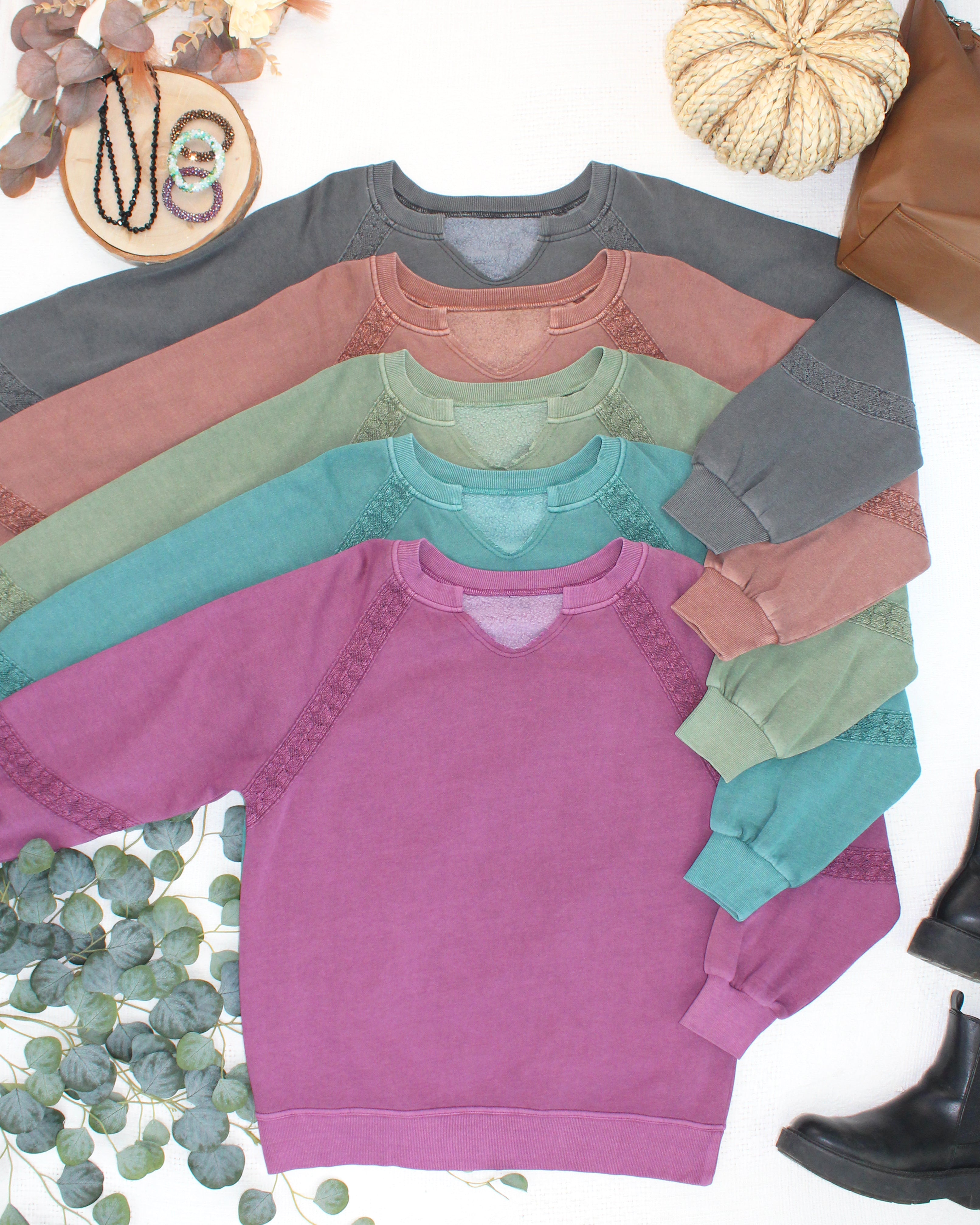 MARKET EXCLUSIVE Lace Accent Vintage Wash Pullover - Brown-pullover-Dear Me Southern Boutique, located in DeRidder, Louisiana