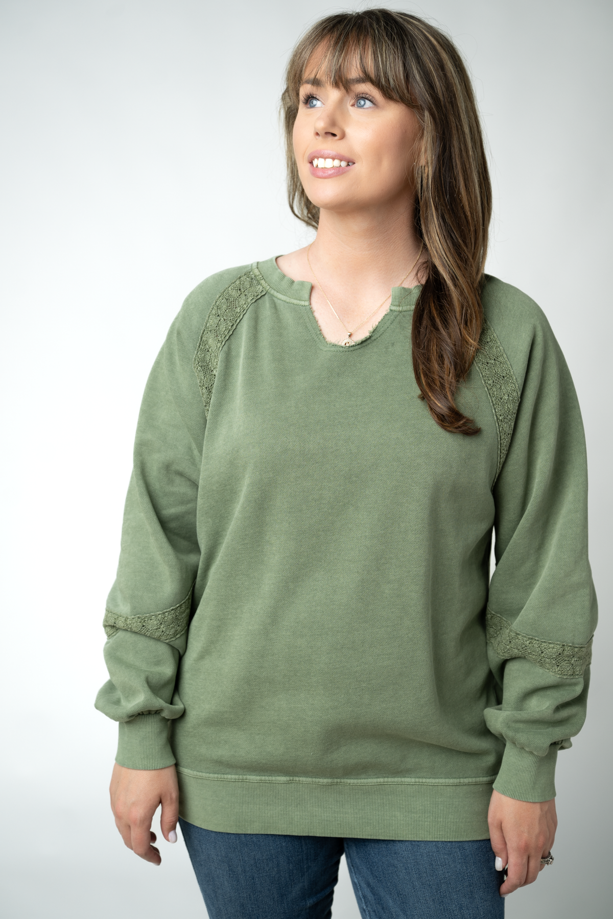 MARKET EXCLUSIVE Lace Accent Vintage Wash Pullover - Olive-Sweatshirts-Dear Me Southern Boutique, located in DeRidder, Louisiana