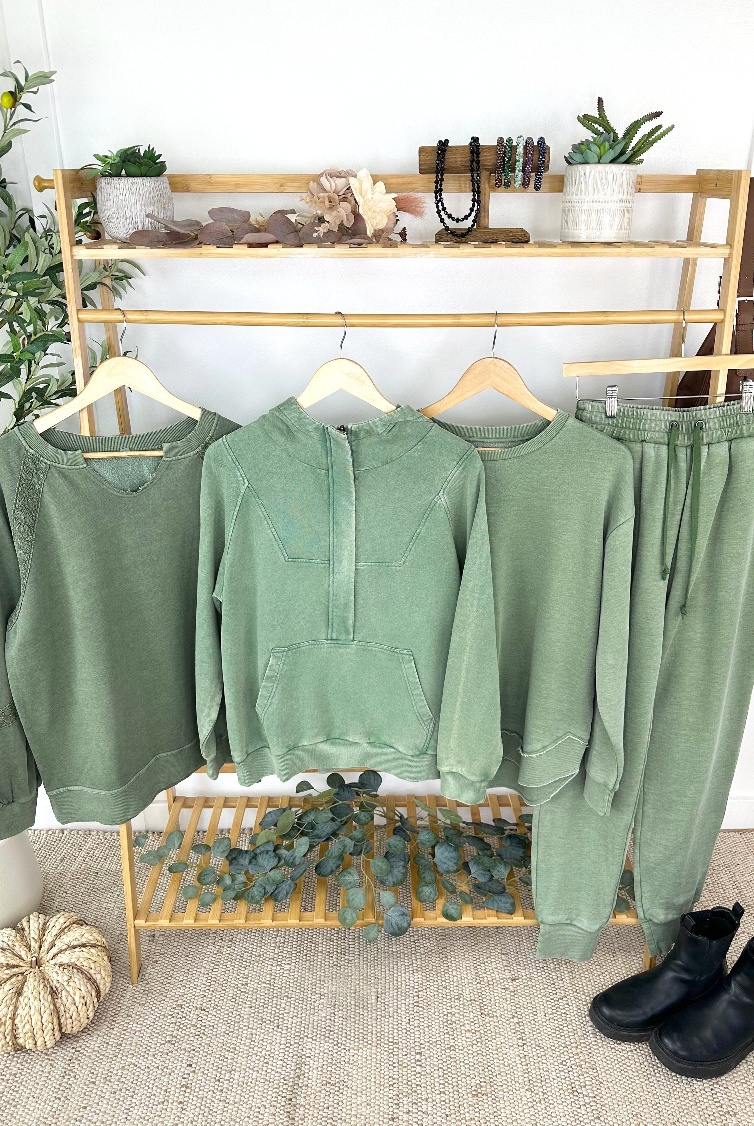 MARKET EXCLUSIVE Lace Accent Vintage Wash Pullover - Olive-pullover-Dear Me Southern Boutique, located in DeRidder, Louisiana