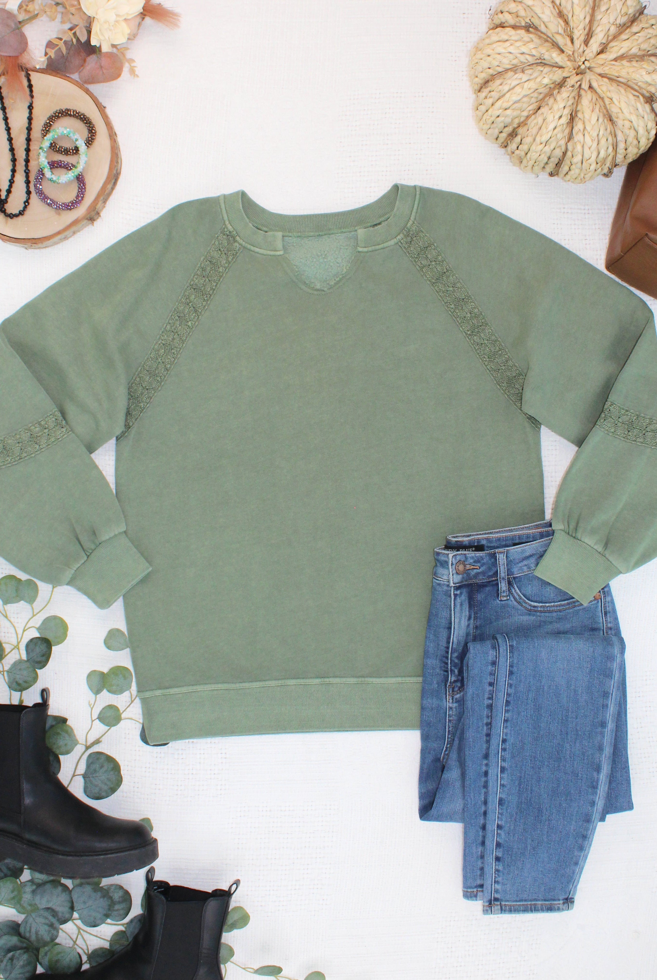 MARKET EXCLUSIVE Lace Accent Vintage Wash Pullover - Olive-pullover-Dear Me Southern Boutique, located in DeRidder, Louisiana