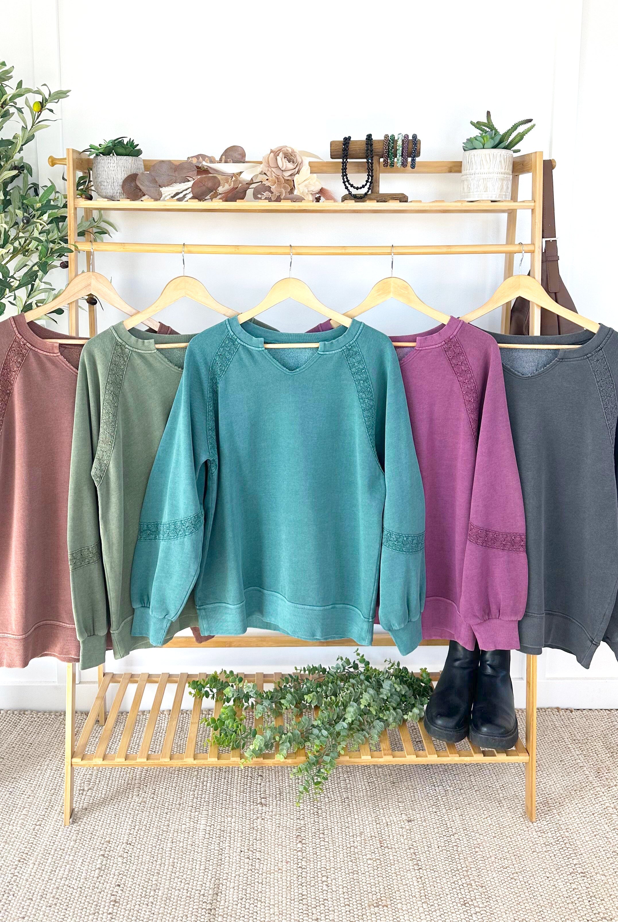 MARKET EXCLUSIVE Lace Accent Vintage Wash Pullover - Olive-pullover-Dear Me Southern Boutique, located in DeRidder, Louisiana