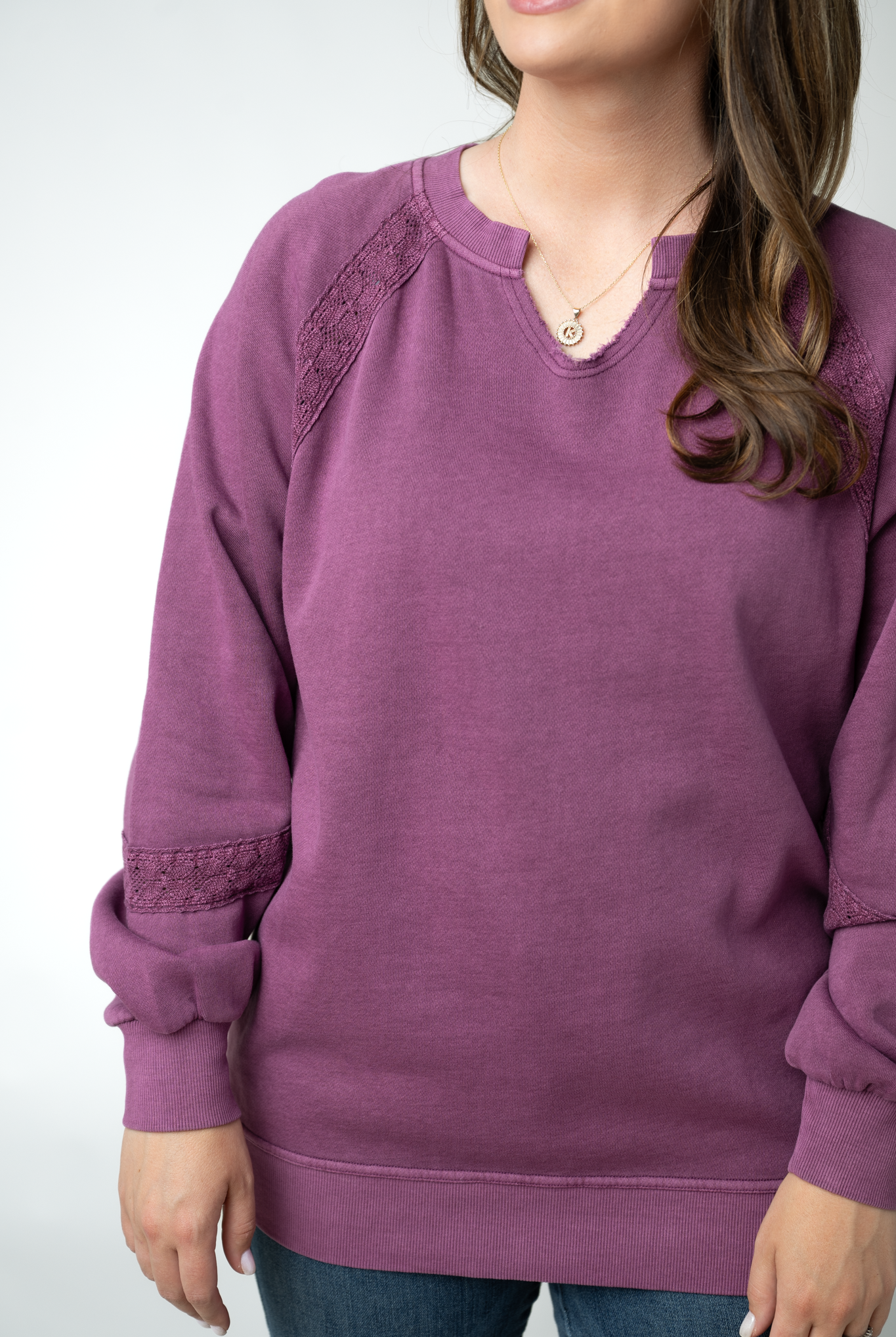MARKET EXCLUSIVE Lace Accent Vintage Wash Pullover - Purple-pullover-Dear Me Southern Boutique, located in DeRidder, Louisiana