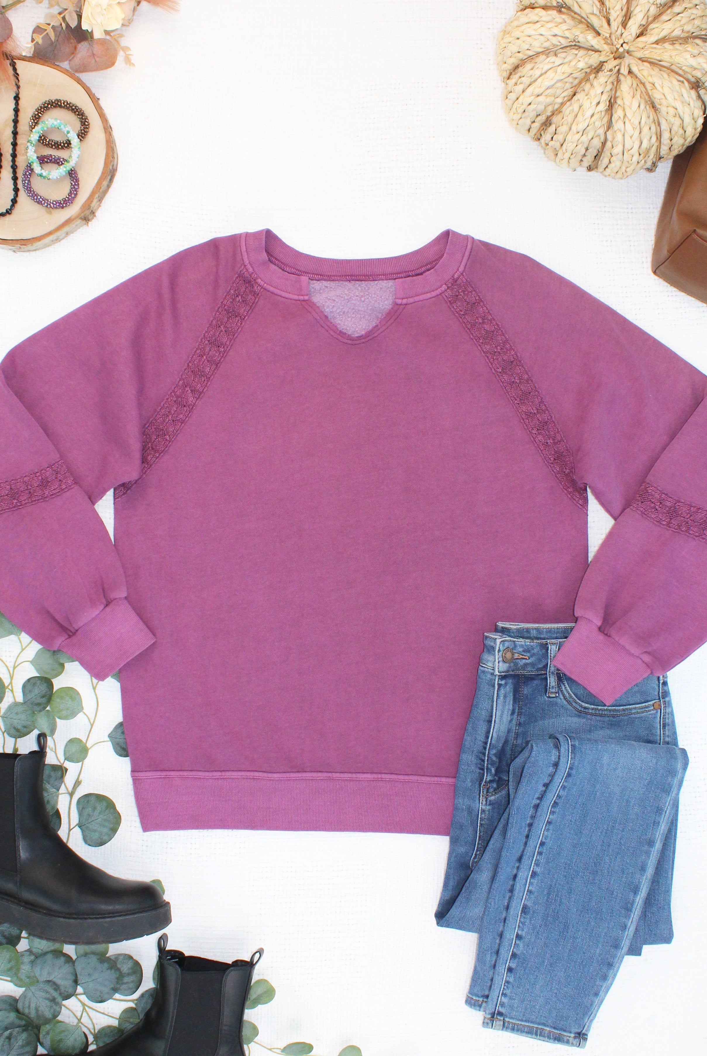 MARKET EXCLUSIVE Lace Accent Vintage Wash Pullover - Purple-pullover-Dear Me Southern Boutique, located in DeRidder, Louisiana