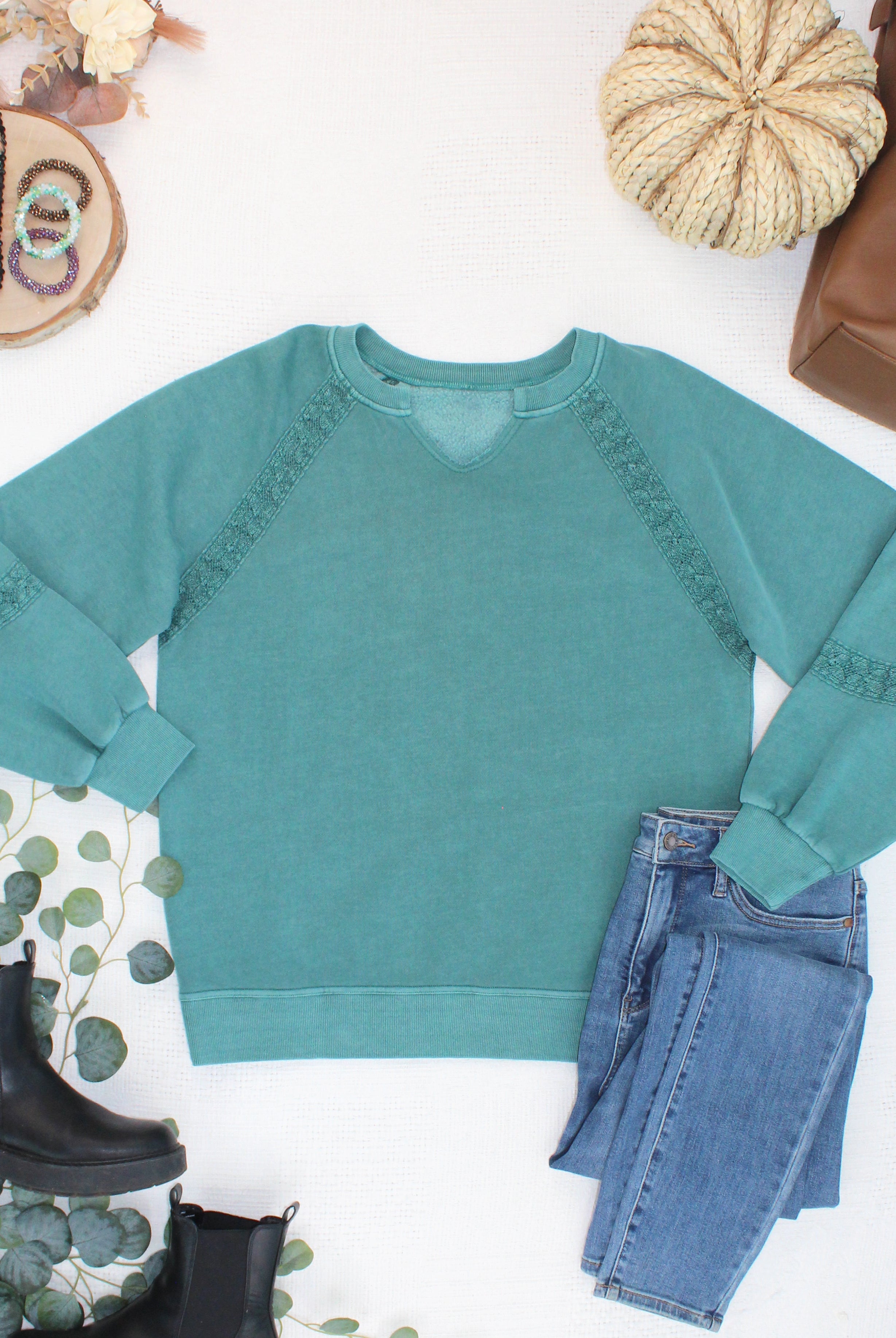 MARKET EXCLUSIVE Lace Accent Vintage Wash Pullover - Teal-pullover-Dear Me Southern Boutique, located in DeRidder, Louisiana