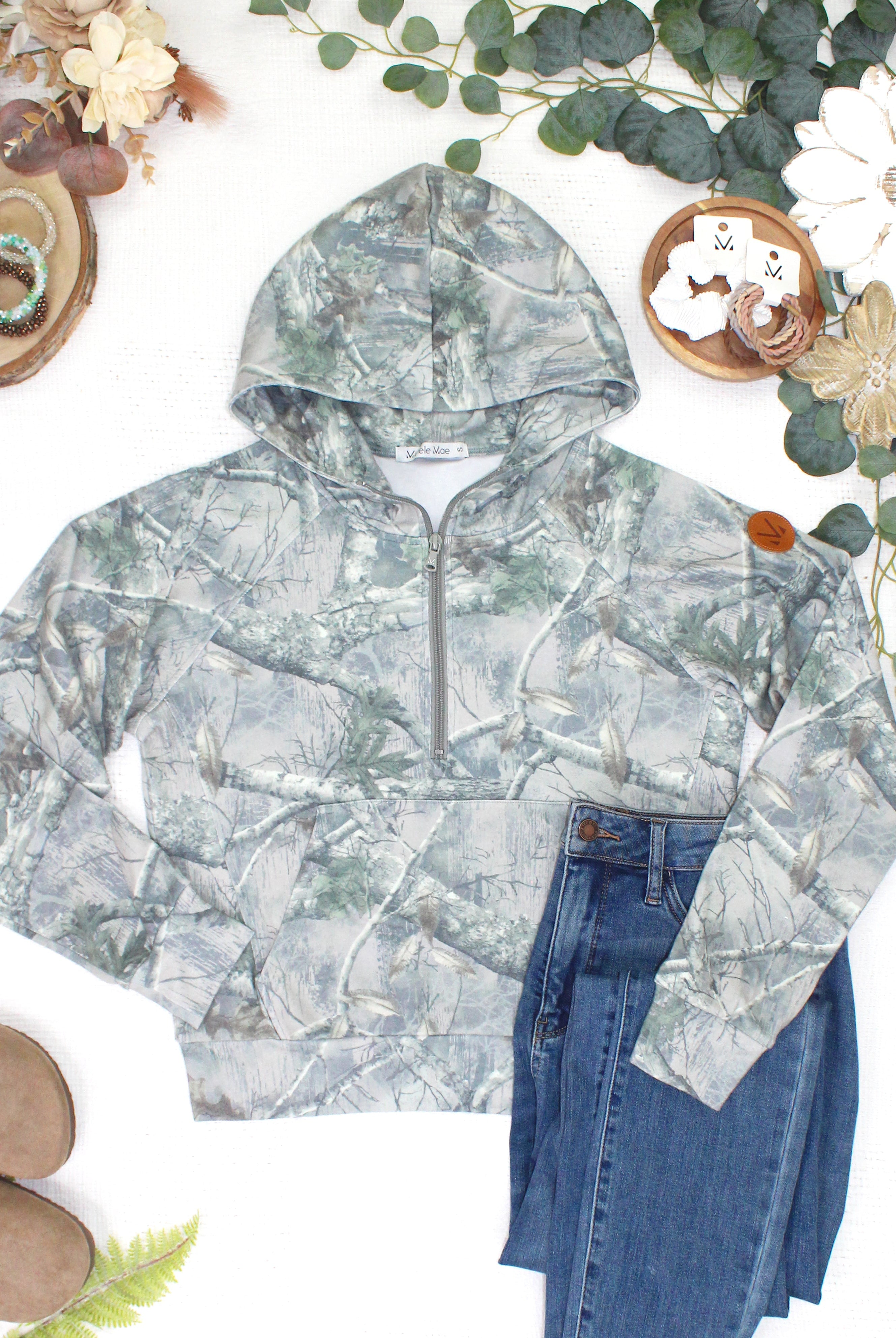 MARKET EXCLUSIVE Shorter Halfzip Hoodie - Camo-hoodie-Dear Me Southern Boutique, located in DeRidder, Louisiana
