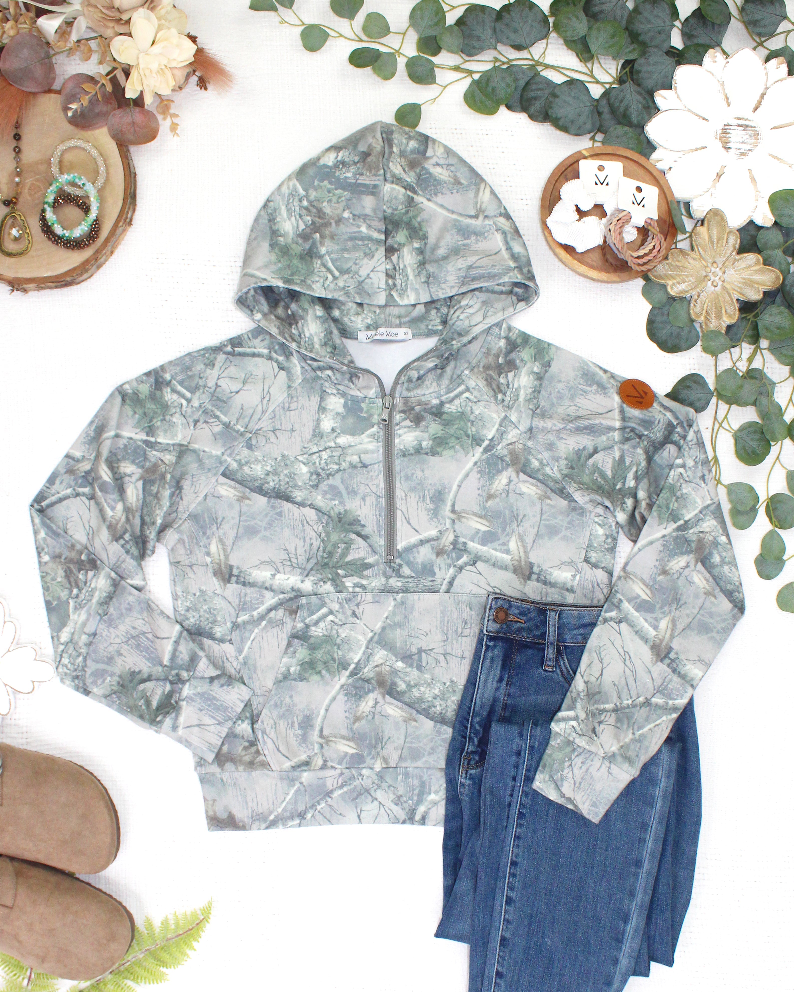 MARKET EXCLUSIVE Shorter Halfzip Hoodie - Camo-hoodie-Dear Me Southern Boutique, located in DeRidder, Louisiana