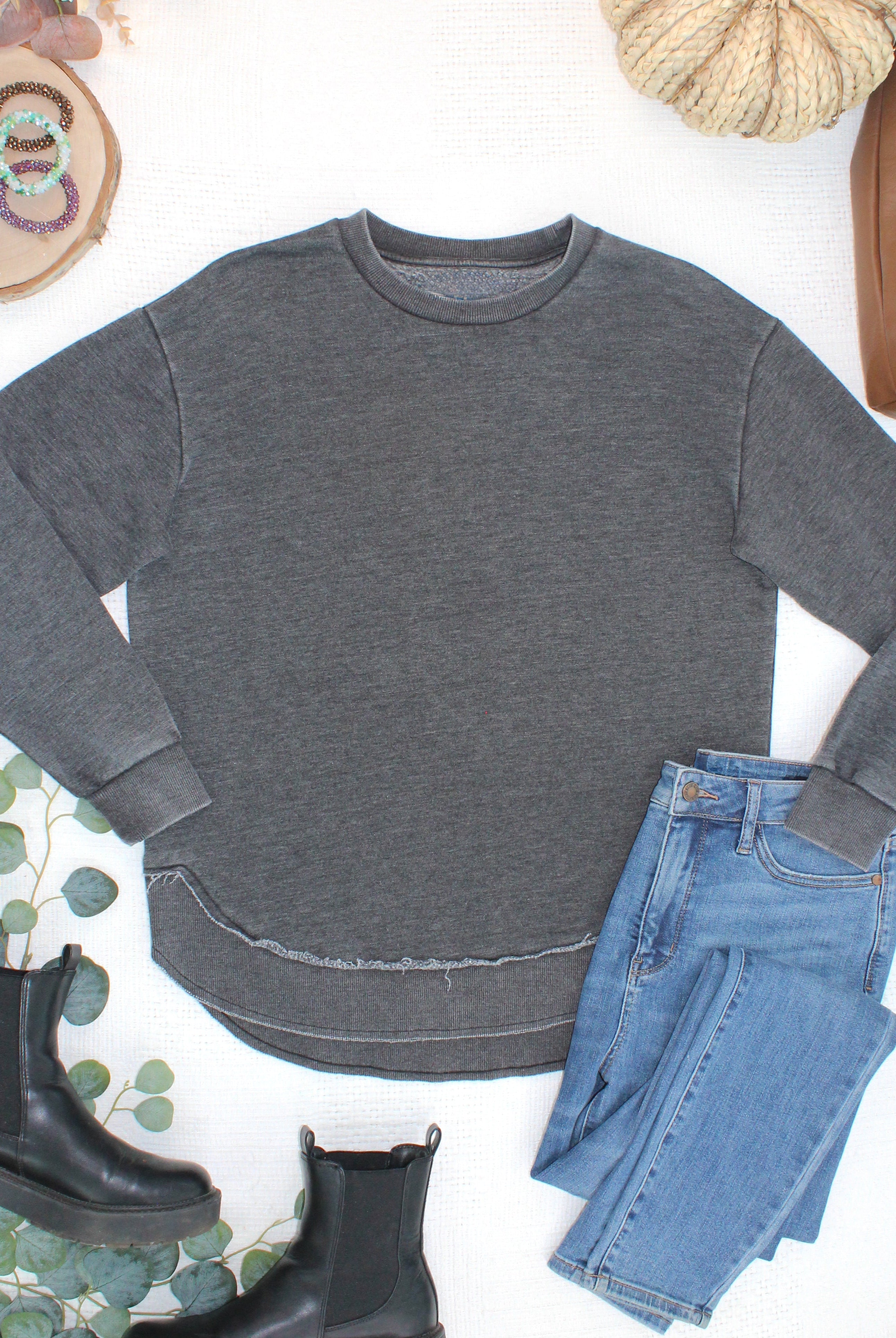 MARKET EXCLUSIVE Vintage Wash Pullover - Black-Pullover-Dear Me Southern Boutique, located in DeRidder, Louisiana