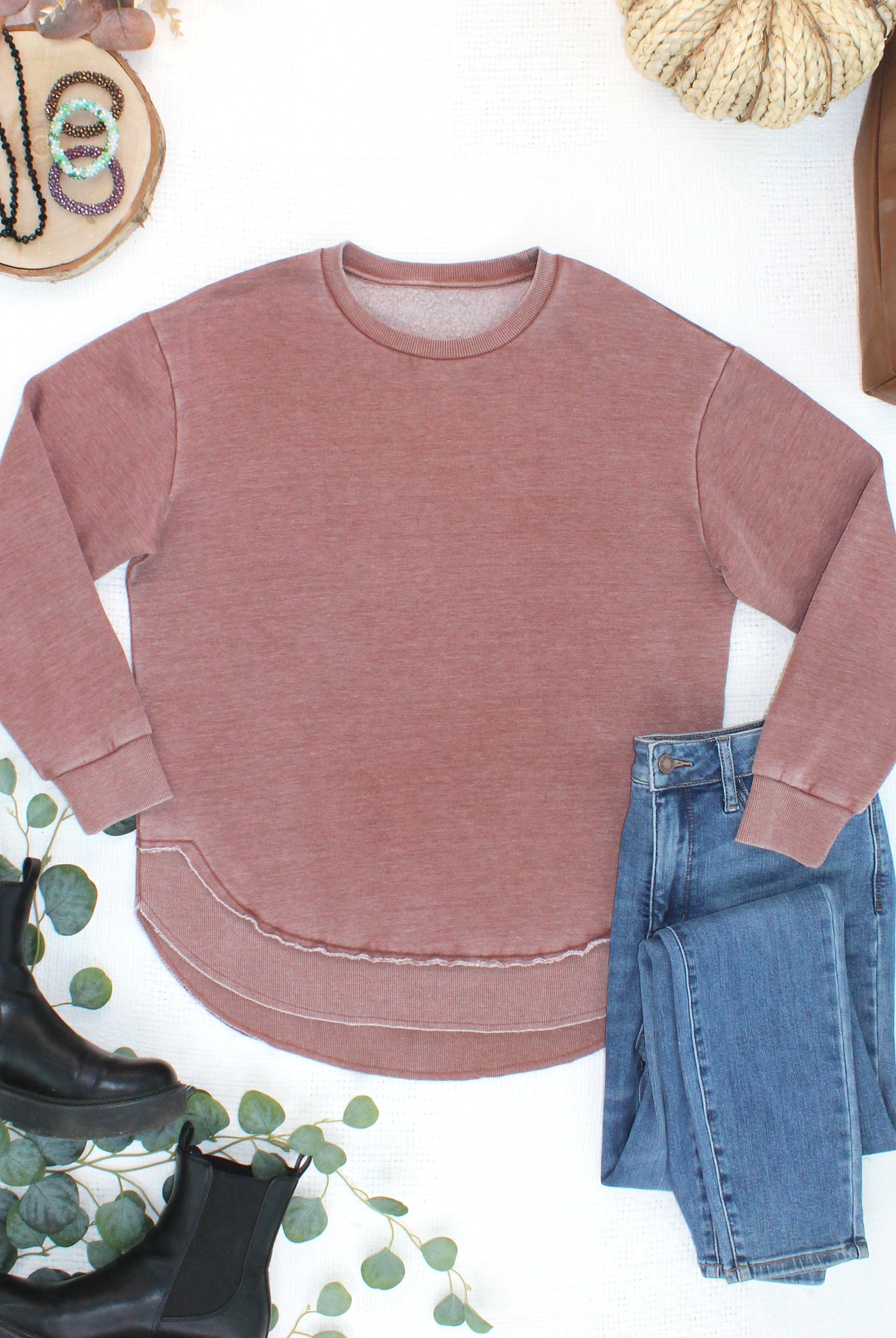 MARKET EXCLUSIVE Vintage Wash Pullover - Brown-Pullover-Dear Me Southern Boutique, located in DeRidder, Louisiana