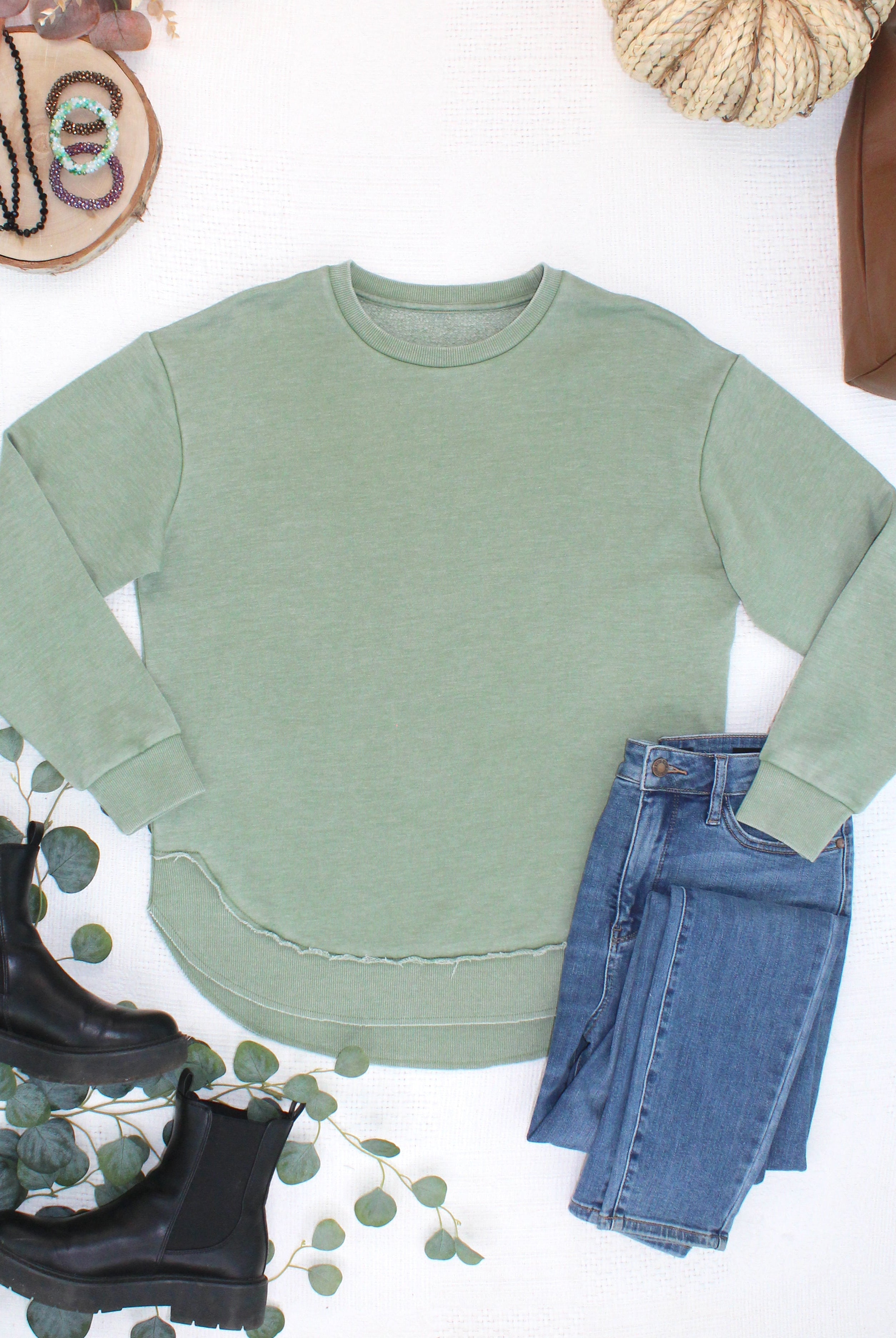 MARKET EXCLUSIVE Vintage Wash Pullover - Olive-Pullover-Dear Me Southern Boutique, located in DeRidder, Louisiana