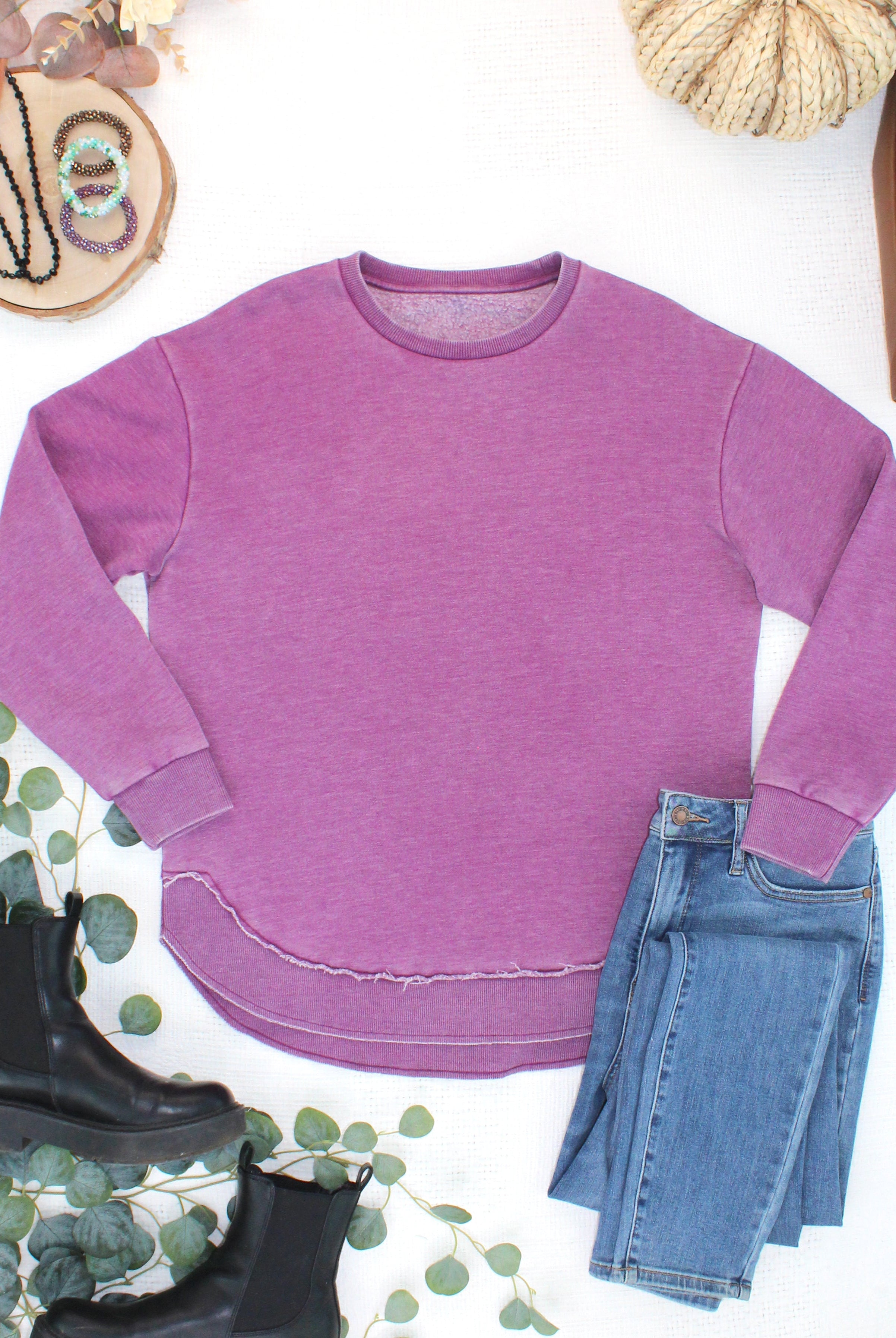MARKET EXCLUSIVE Vintage Wash Pullover - Purple-Pullover-Dear Me Southern Boutique, located in DeRidder, Louisiana