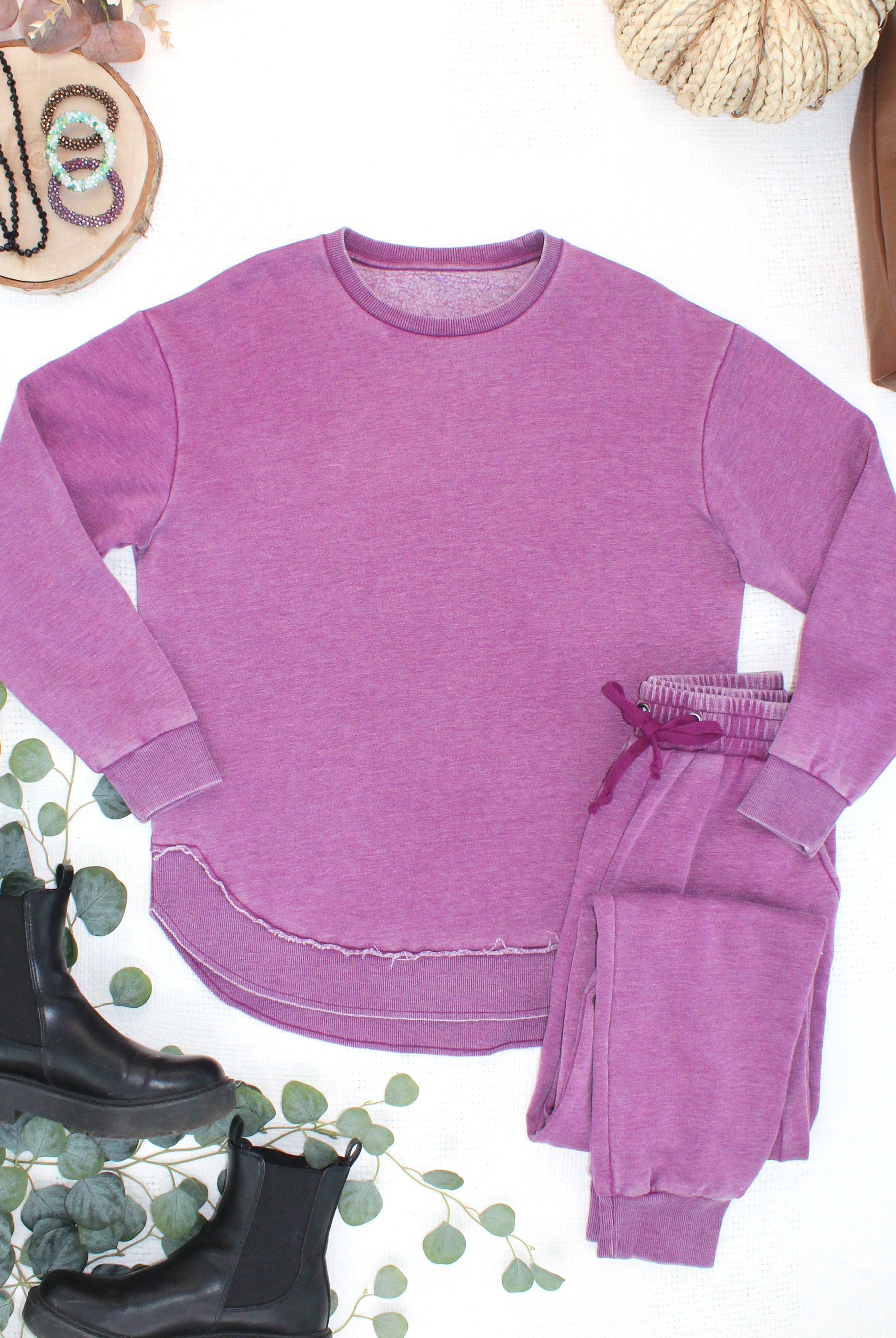MARKET EXCLUSIVE Vintage Wash Pullover - Purple-Pullover-Dear Me Southern Boutique, located in DeRidder, Louisiana