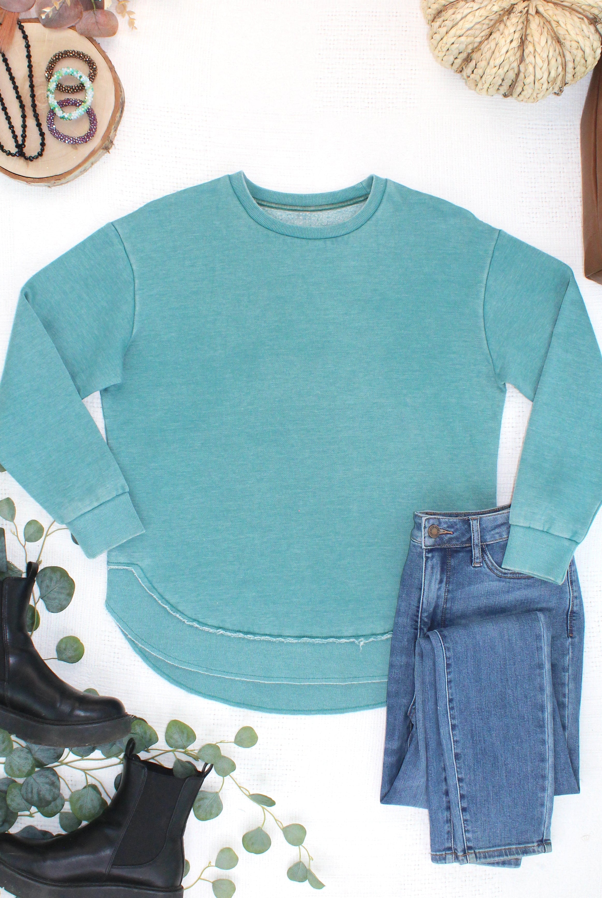 MARKET EXCLUSIVE Vintage Wash Pullover - Teal-Pullover-Dear Me Southern Boutique, located in DeRidder, Louisiana