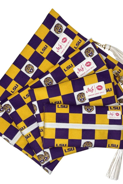 Makeup Junkie Bags - LSU Checkered-Bags/Purses-Dear Me Southern Boutique, located in DeRidder, Louisiana