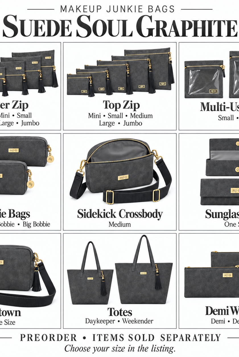 Makeup Junkie Bags - Suede Soul Graphite-Presales-Dear Me Southern Boutique, located in DeRidder, Louisiana
