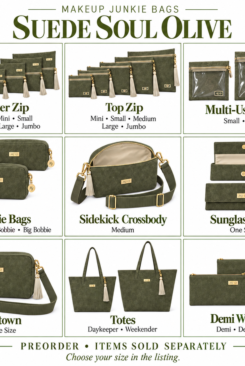 Makeup Junkie Bags - Suede Soul Olive-Presales-Dear Me Southern Boutique, located in DeRidder, Louisiana
