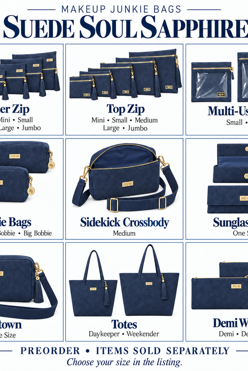 Makeup Junkie Bags - Suede Soul Sapphire-Presales-Dear Me Southern Boutique, located in DeRidder, Louisiana