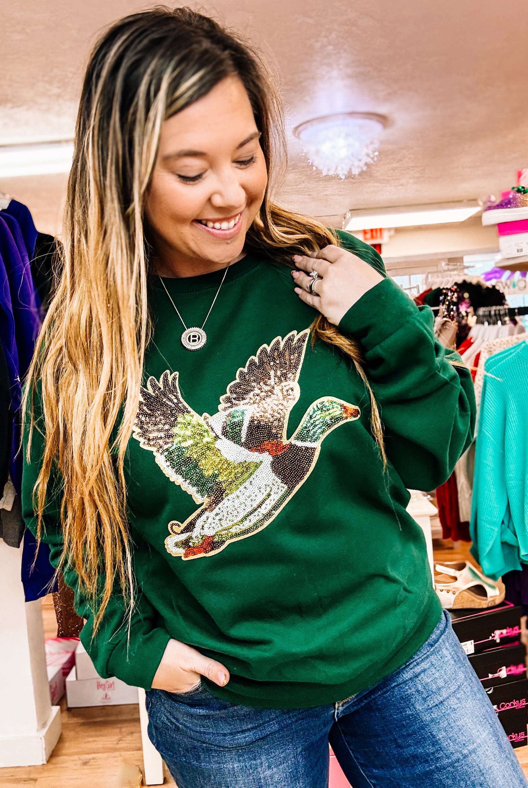 Mallard Sequin Pullover-Graphic Tops-Dear Me Southern Boutique, located in DeRidder, Louisiana