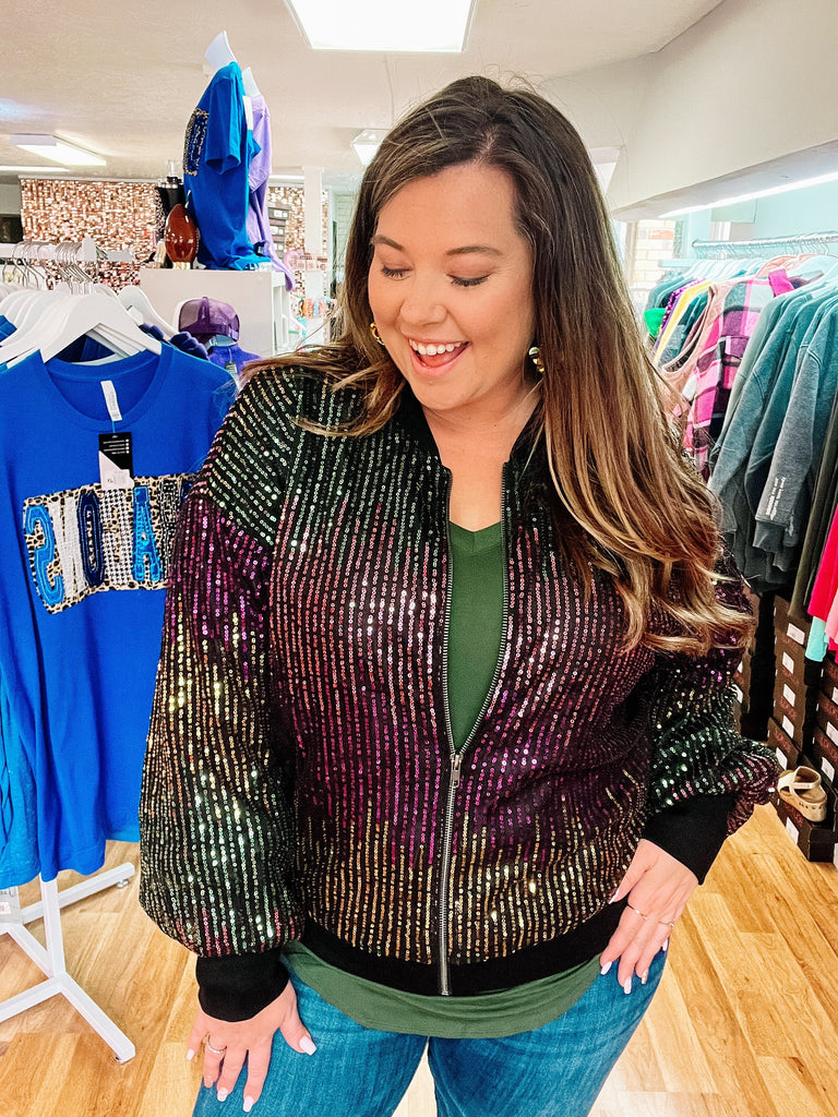 Mardi Gras Bomber Jacket-Tops-Dear Me Southern Boutique, located in DeRidder, Louisiana