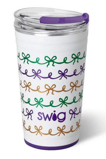 Mardi Gras Bows Swig Party Cup 24oz-Travel Mugs-Dear Me Southern Boutique, located in DeRidder, Louisiana
