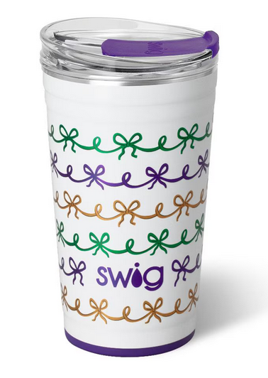 Mardi Gras Bows Swig Party Cup 24oz-Travel Mugs-Dear Me Southern Boutique, located in DeRidder, Louisiana