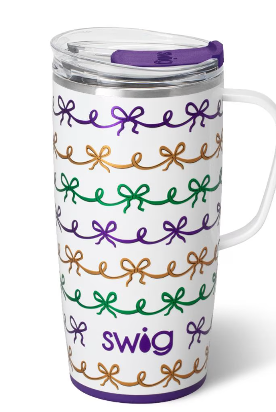 Mardi Gras Bows Swig Travel Mug 22oz-Travel Mugs-Dear Me Southern Boutique, located in DeRidder, Louisiana
