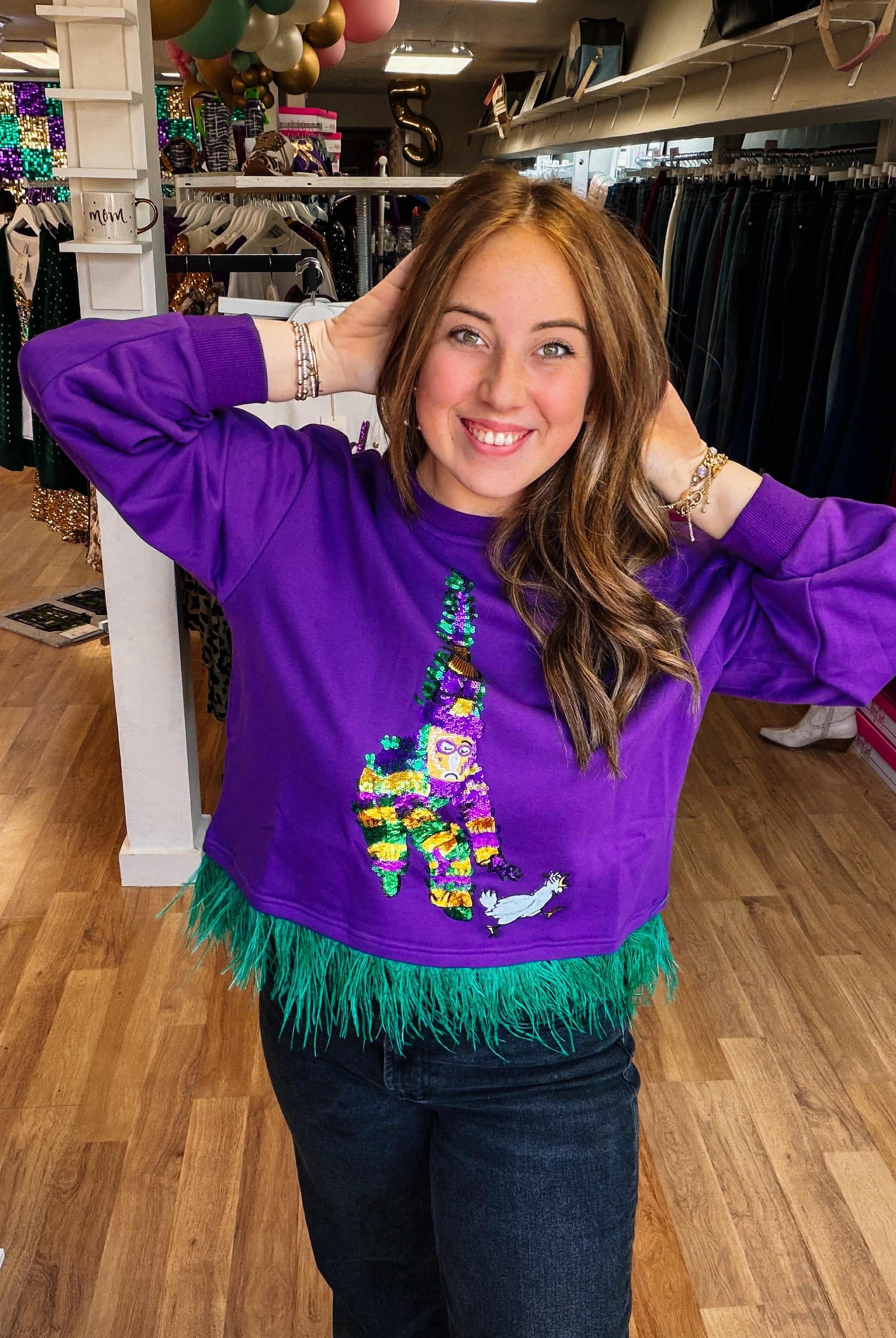 Mardi Gras Chicken Run Oversized Top-Graphic Tops-Dear Me Southern Boutique, located in DeRidder, Louisiana
