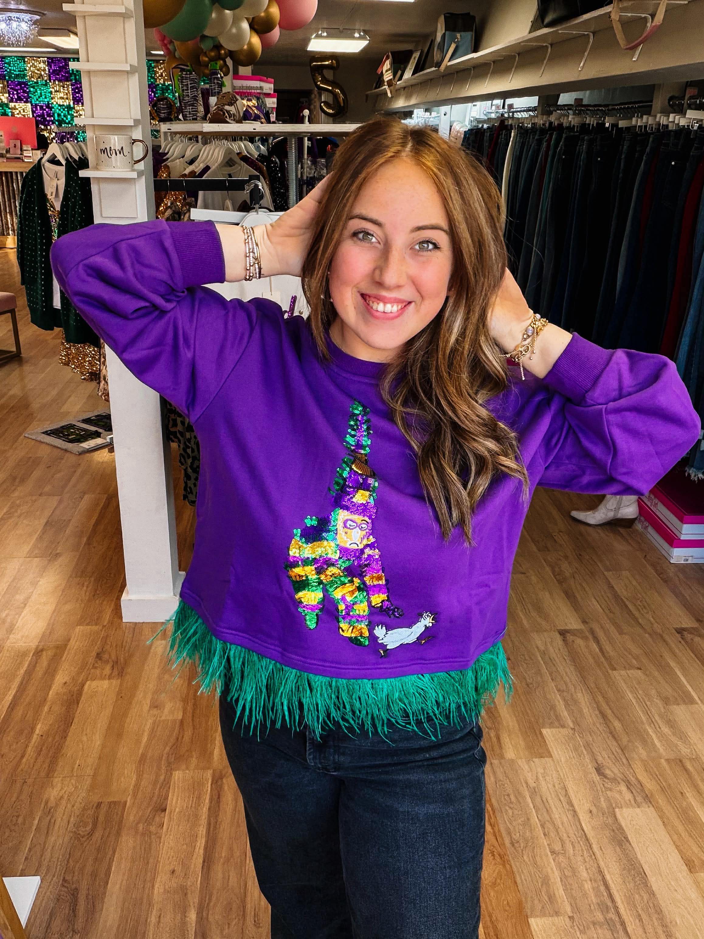 Mardi Gras Chicken Run Oversized Top-Graphic Tops-Dear Me Southern Boutique, located in DeRidder, Louisiana