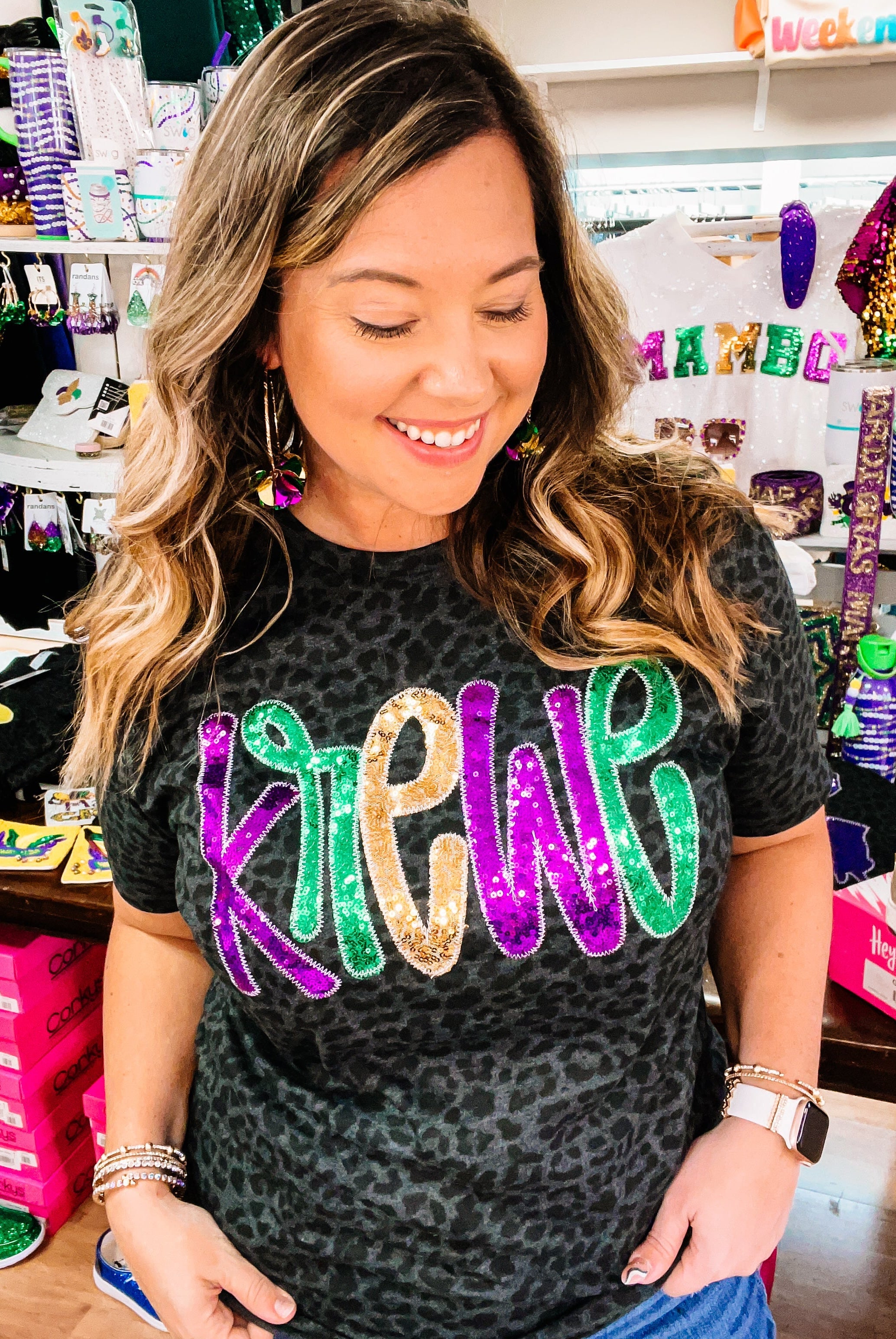 Mardi Gras Krewe Sequin Leopard Tee-Graphic Tops-Dear Me Southern Boutique, located in DeRidder, Louisiana