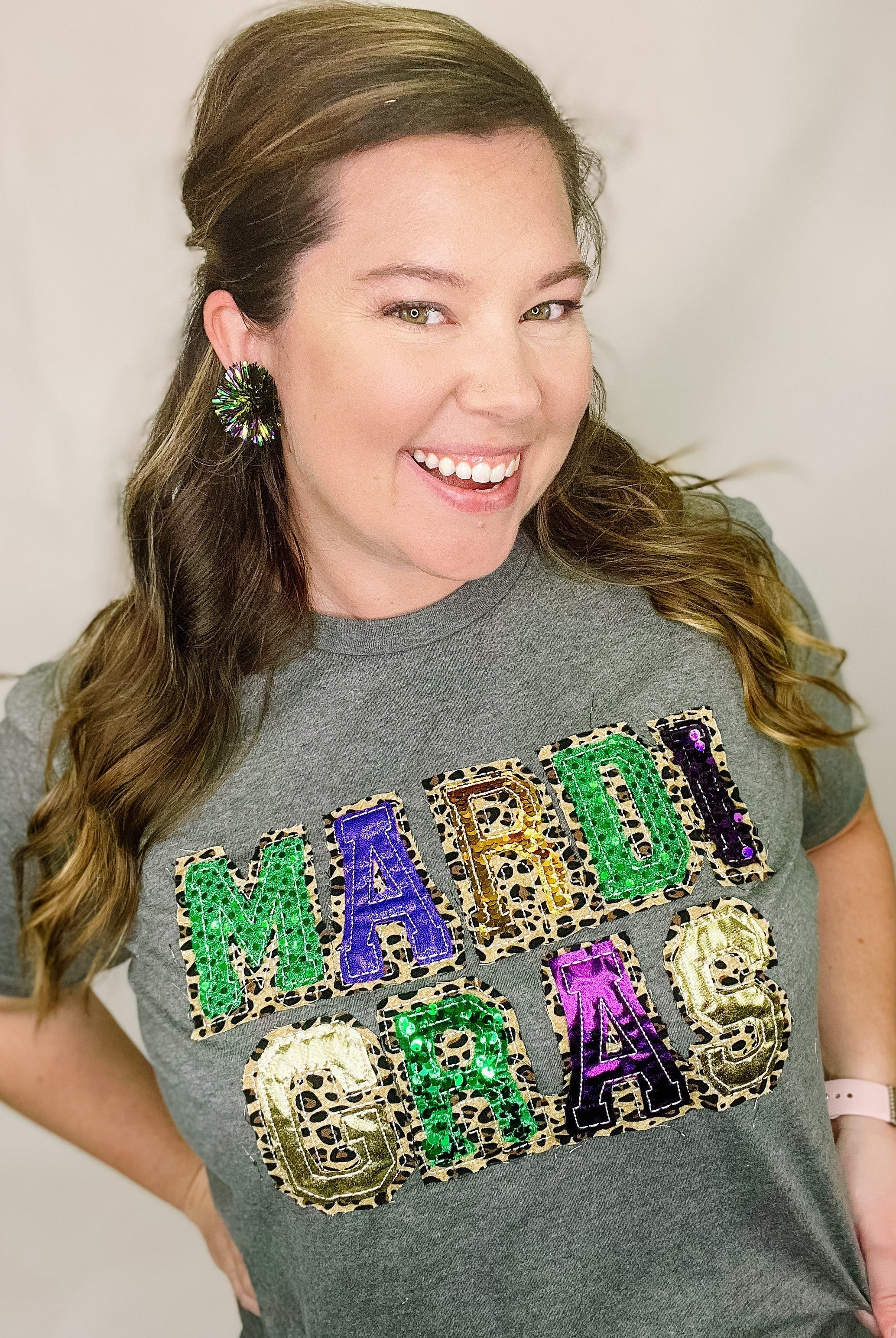 Mardi Gras Leopard & Sequin Tee-Graphic Tops-Dear Me Southern Boutique, located in DeRidder, Louisiana