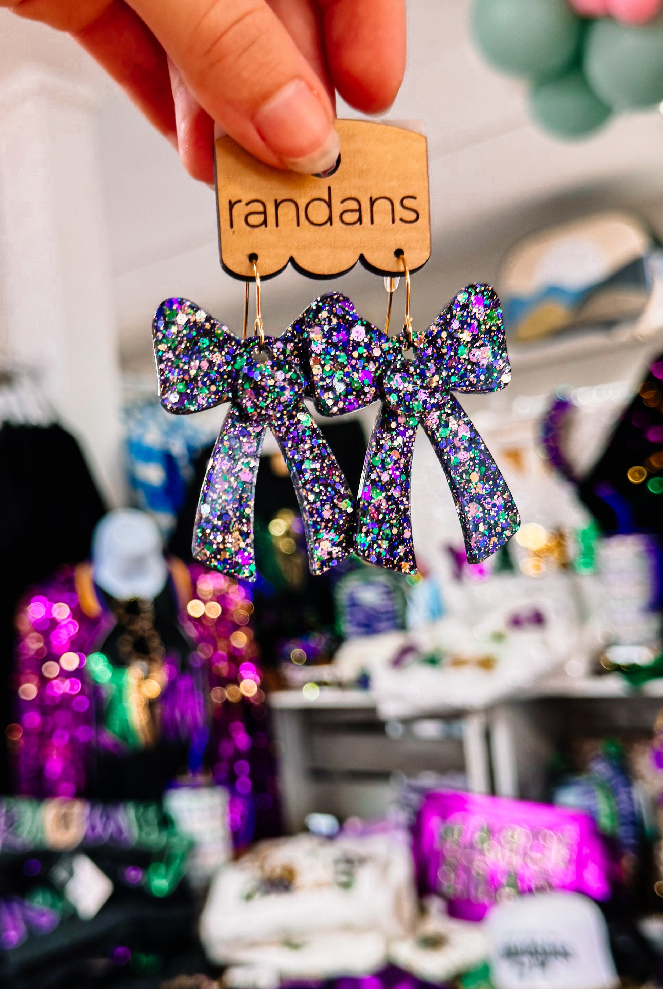 Mardi Gras Mix Glitter Coquette Bow Randans-Earrings-Dear Me Southern Boutique, located in DeRidder, Louisiana