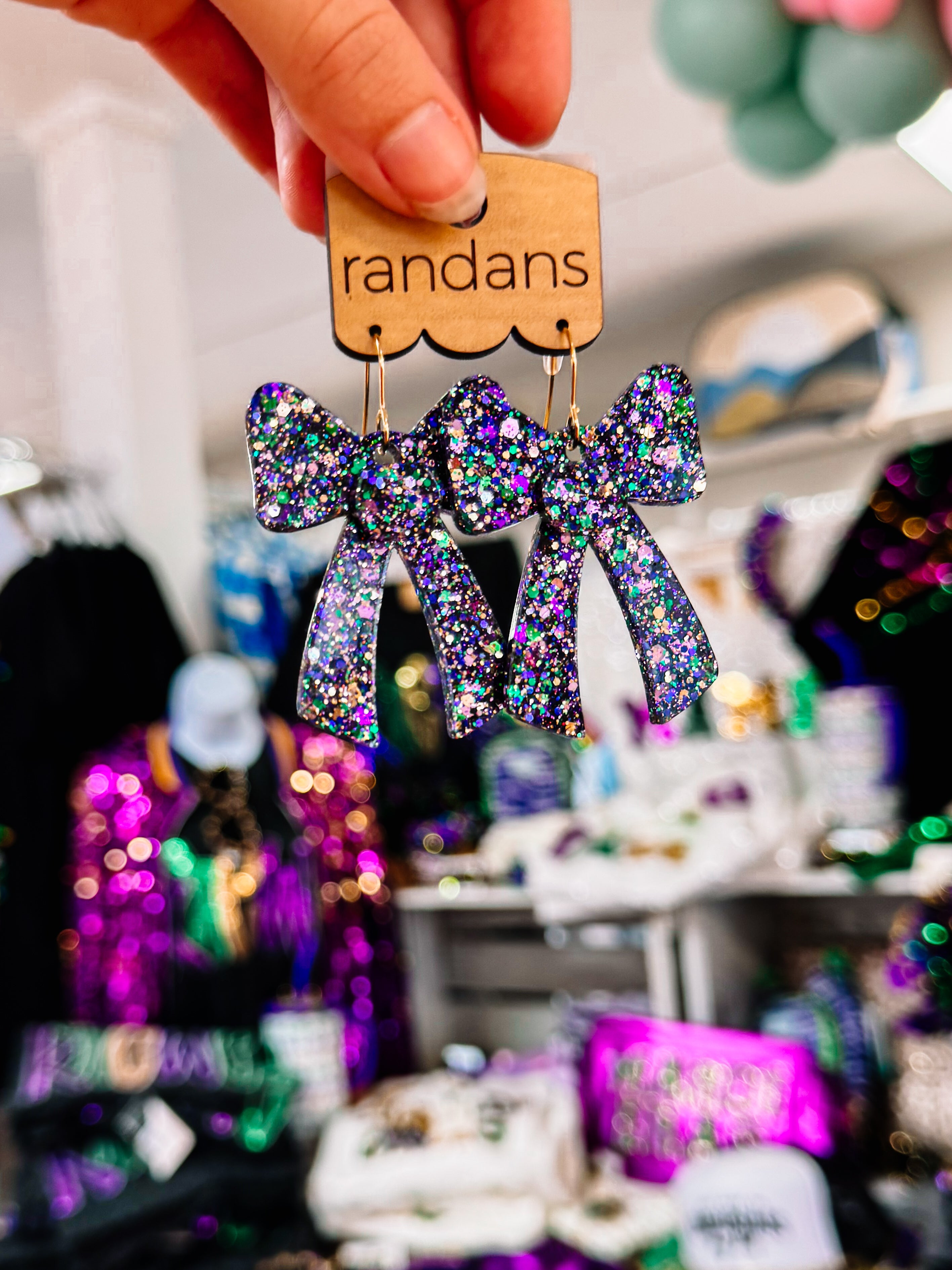 Mardi Gras Mix Glitter Coquette Bow Randans-Earrings-Dear Me Southern Boutique, located in DeRidder, Louisiana