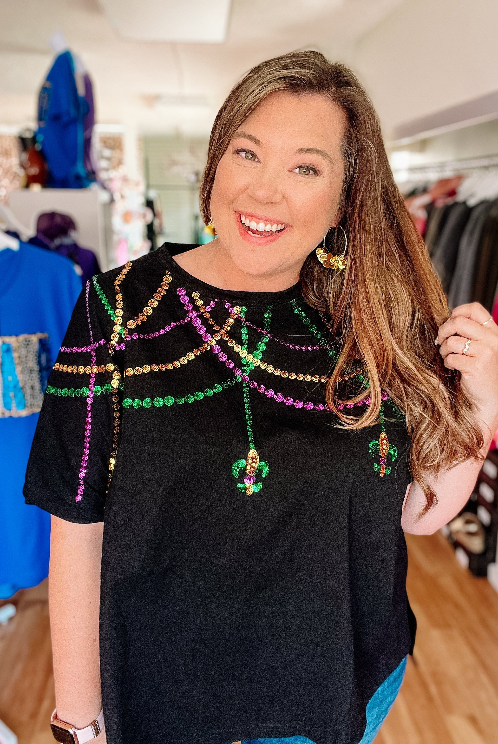 Mardi Gras Sequin Necklace Top-Graphic Tops-Dear Me Southern Boutique, located in DeRidder, Louisiana