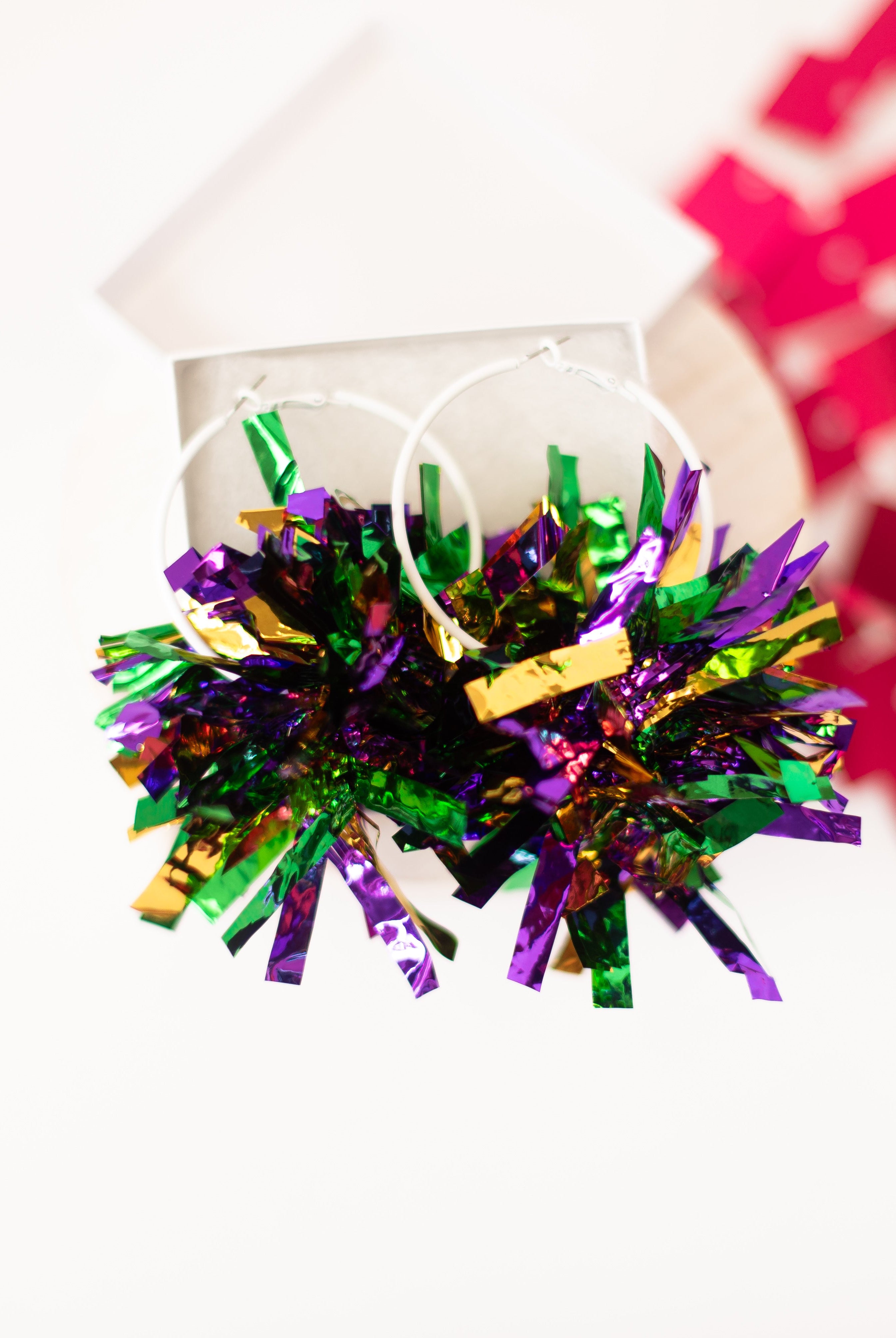 Mardi Gras Tinsel Pom Earrings-Earrings-Dear Me Southern Boutique, located in DeRidder, Louisiana
