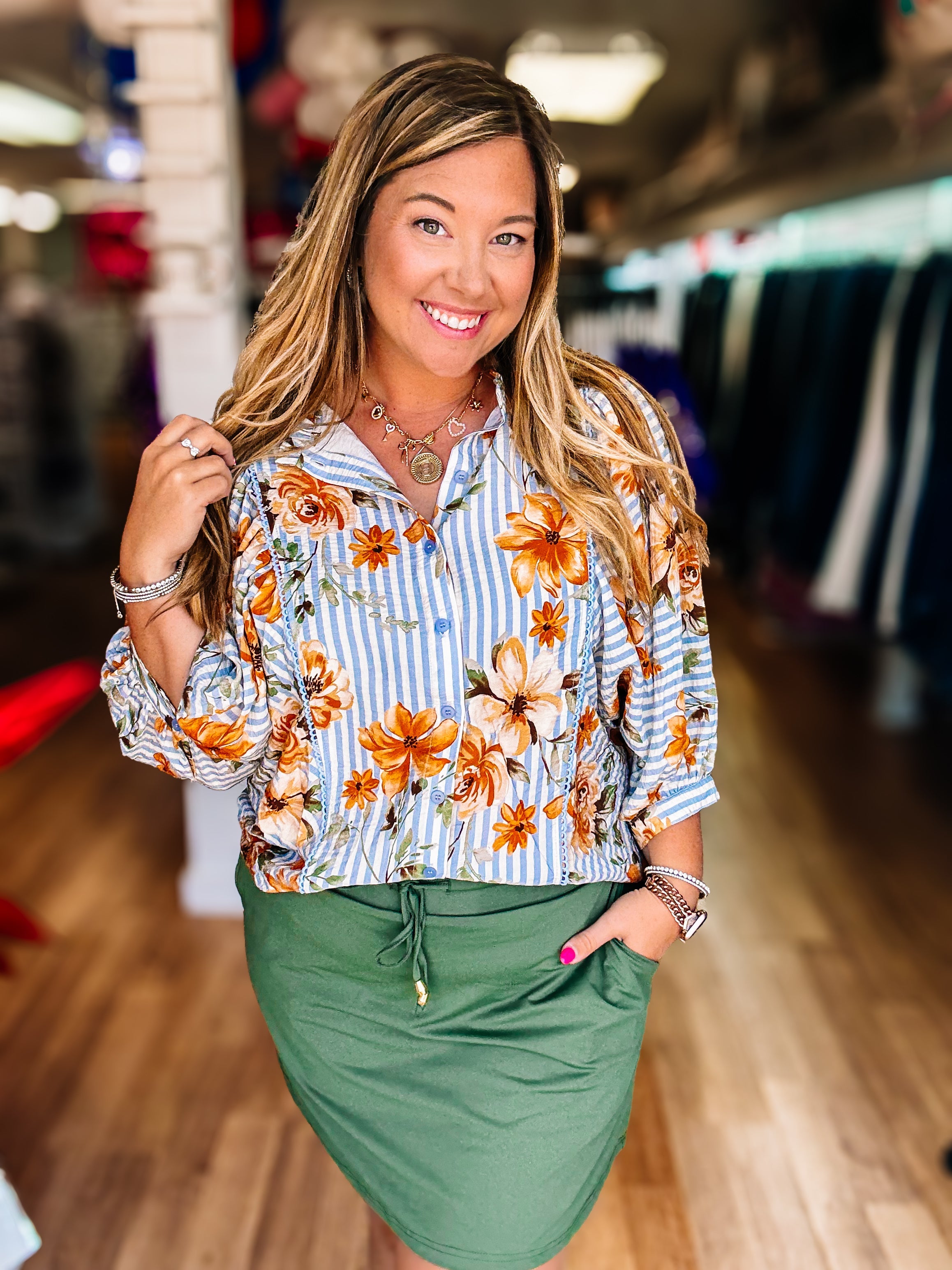 Meadow Muse Button-Up Blouse-Blouses-Dear Me Southern Boutique, located in DeRidder, Louisiana