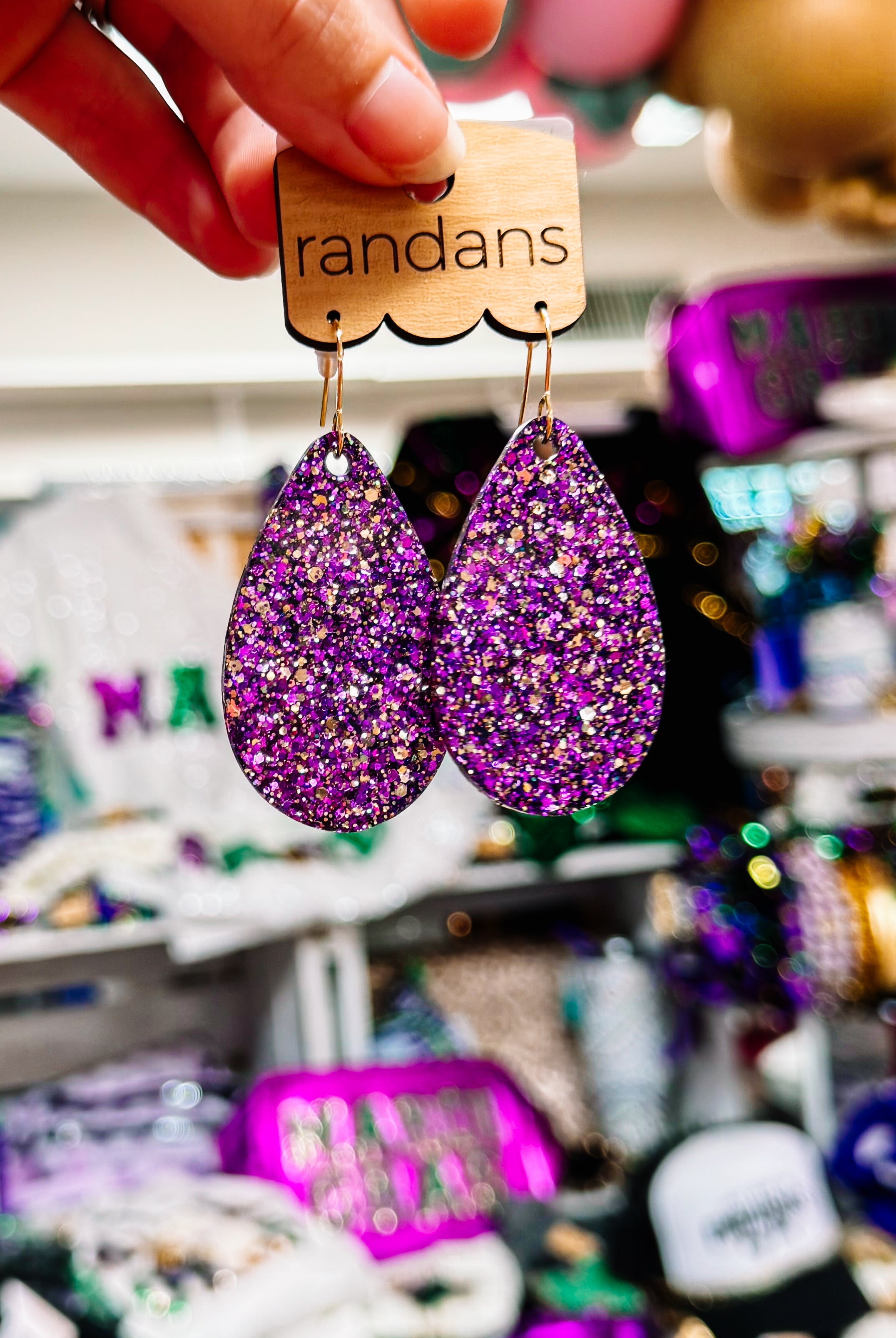 Medium Teardrop Randans - Purple and Gold Glitter Mix-Earrings-Dear Me Southern Boutique, located in DeRidder, Louisiana