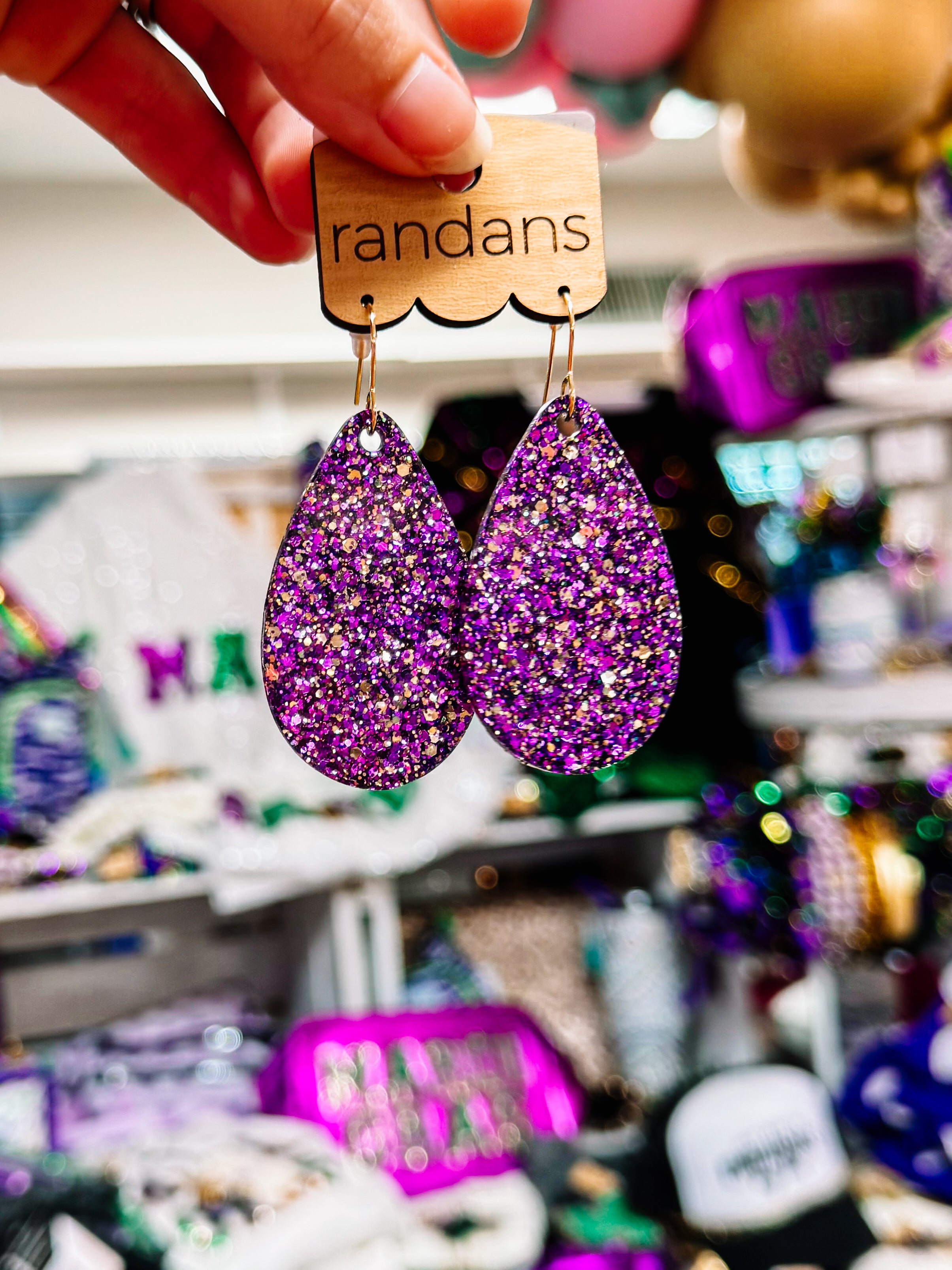 Medium Teardrop Randans - Purple and Gold Glitter Mix-Earrings-Dear Me Southern Boutique, located in DeRidder, Louisiana