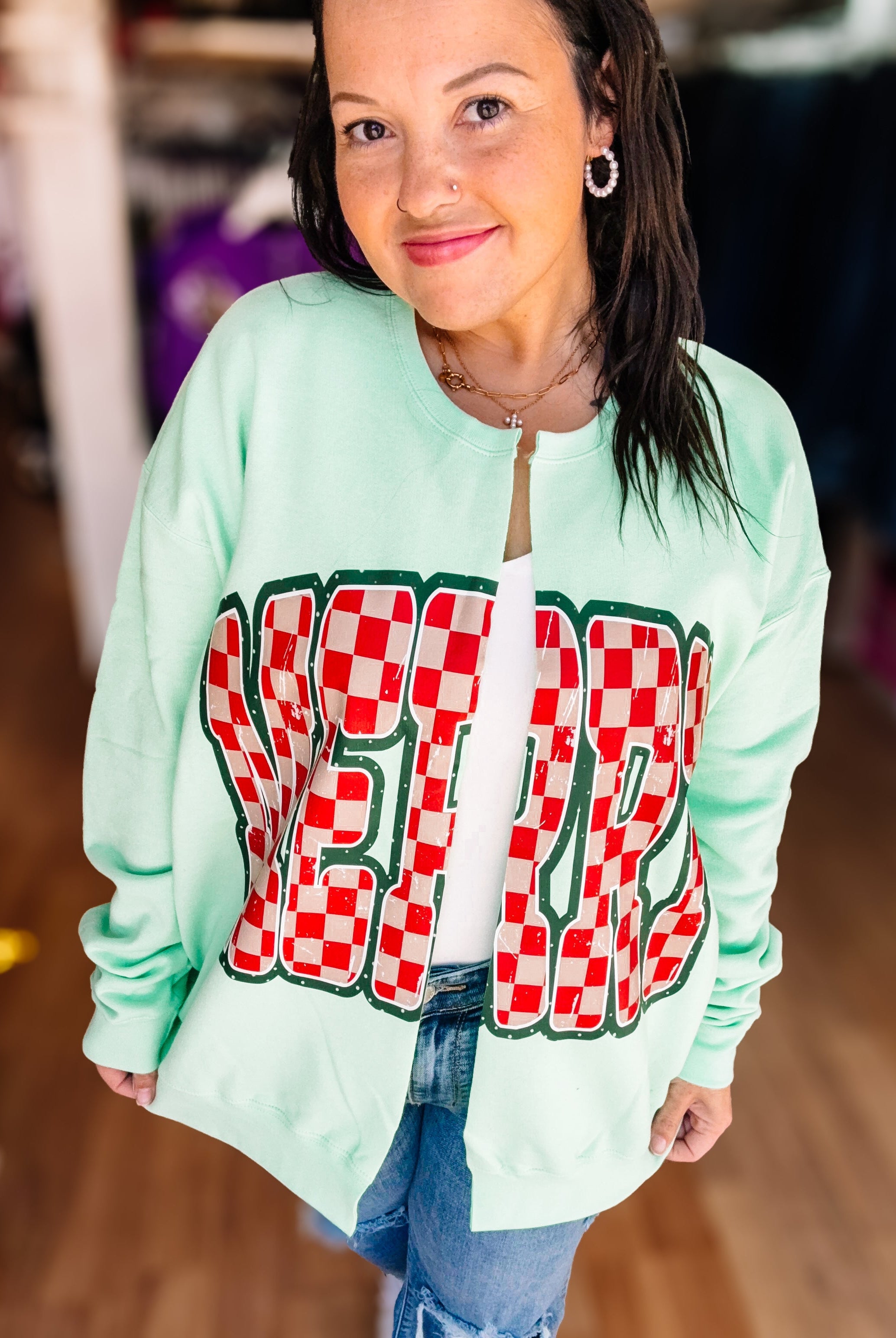 Merry Mint Cut-Up Sweatshirt Cardigan-Graphic Tops-Dear Me Southern Boutique, located in DeRidder, Louisiana
